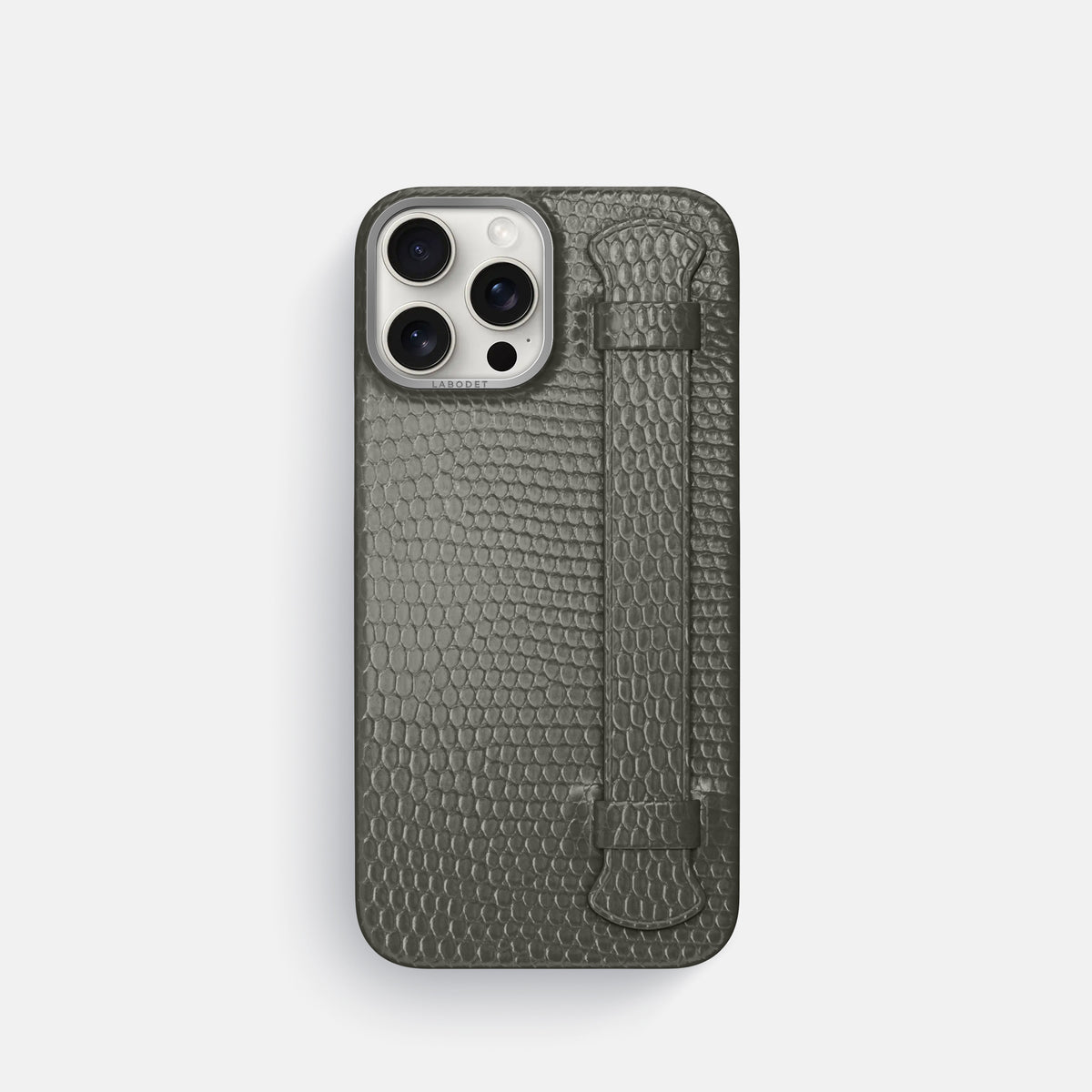 Grey iPhone 16 Pro Handle Case Lizard with Steel Metal -1 | Grey-Steel