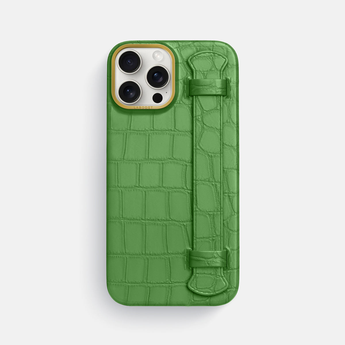 Apple-Green iPhone 16 Pro Max Handle Case In Alligator with Gold Metal -1 | Apple-Green-Gold