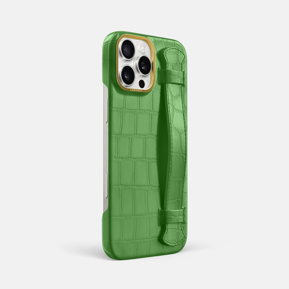 Apple-Green iPhone 16 Pro Max Handle Case In Alligator with Gold Metal -2 | Apple-Green-Gold