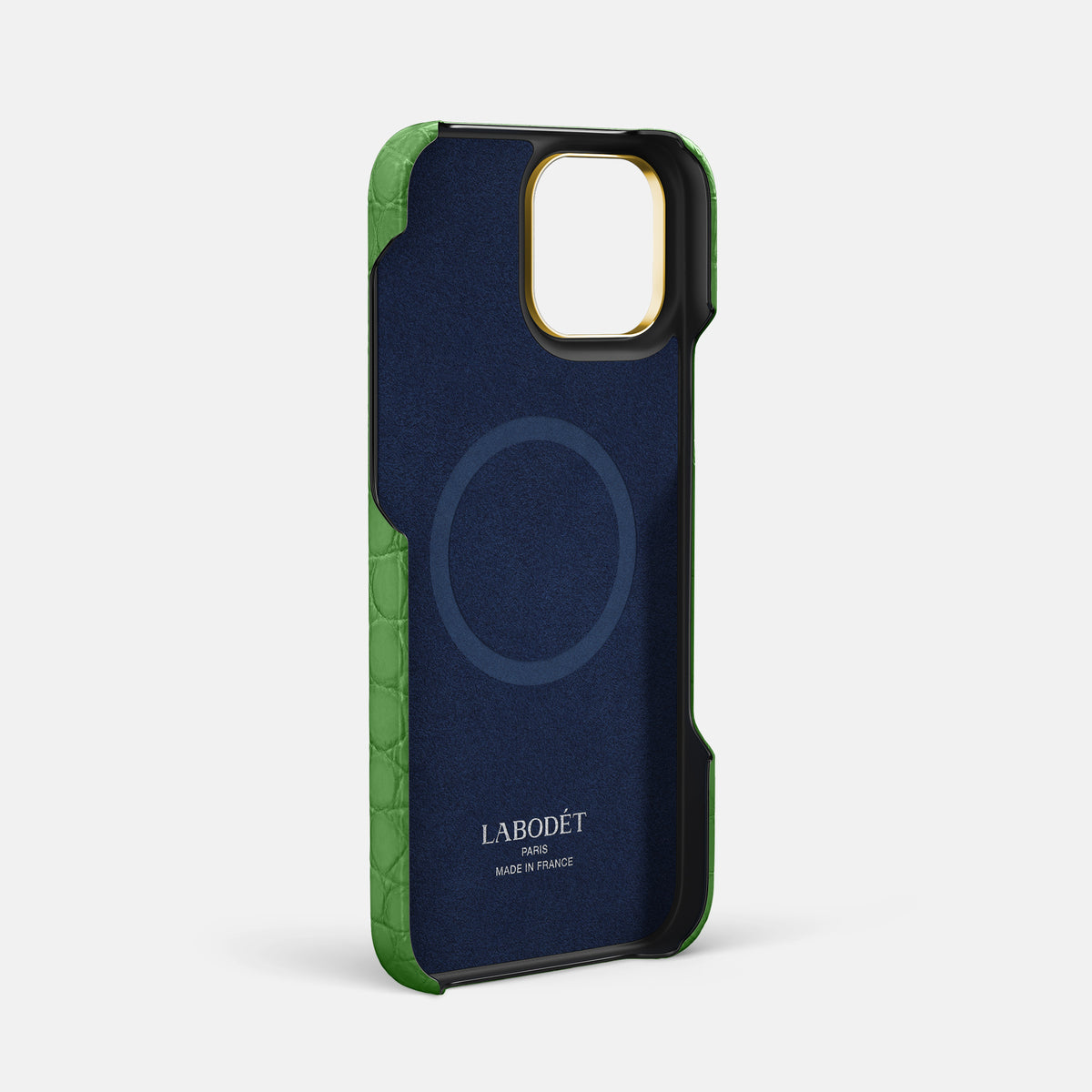 Apple-Green iPhone 16 Pro Max Handle Case In Alligator with Gold Metal -3 | Apple-Green-Gold