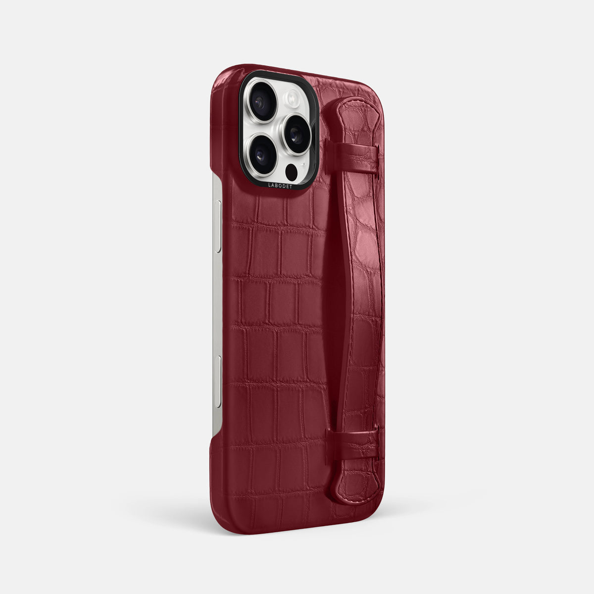 Burgundy iPhone 16 Pro Max Handle Case Alligator with Black Metal -2 | Burgundy-Black