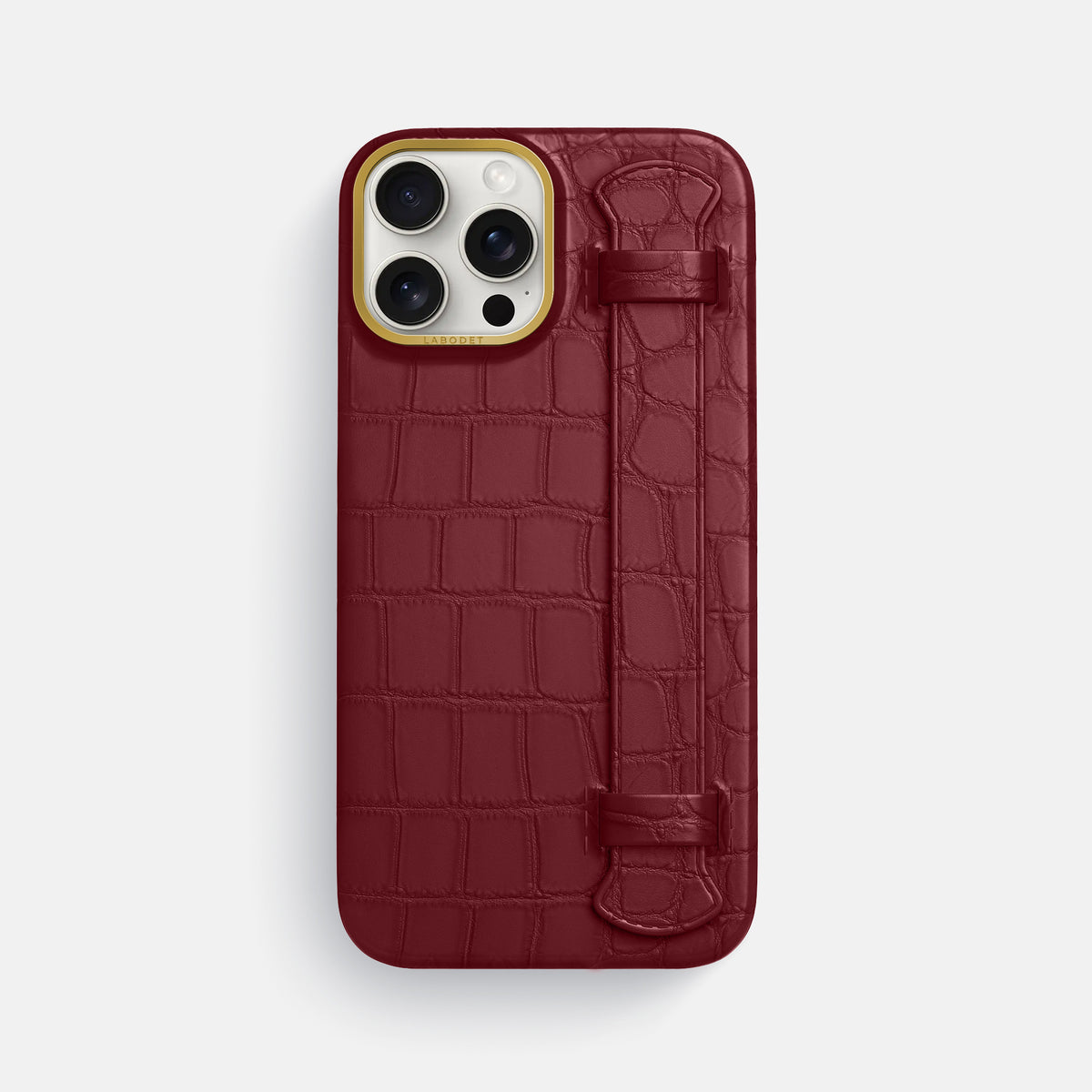 Burgundy iPhone 16 Pro Max Handle Case In Alligator with Gold Metal -1 | Burgundy-Gold