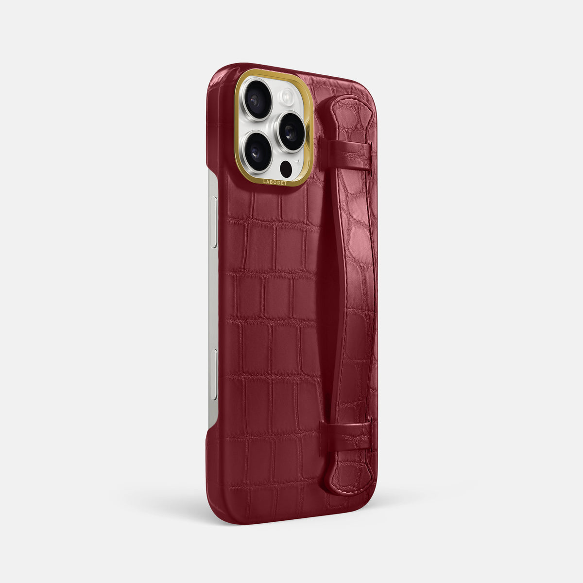 Burgundy iPhone 16 Pro Max Handle Case In Alligator with Gold Metal -2 | Burgundy-Gold