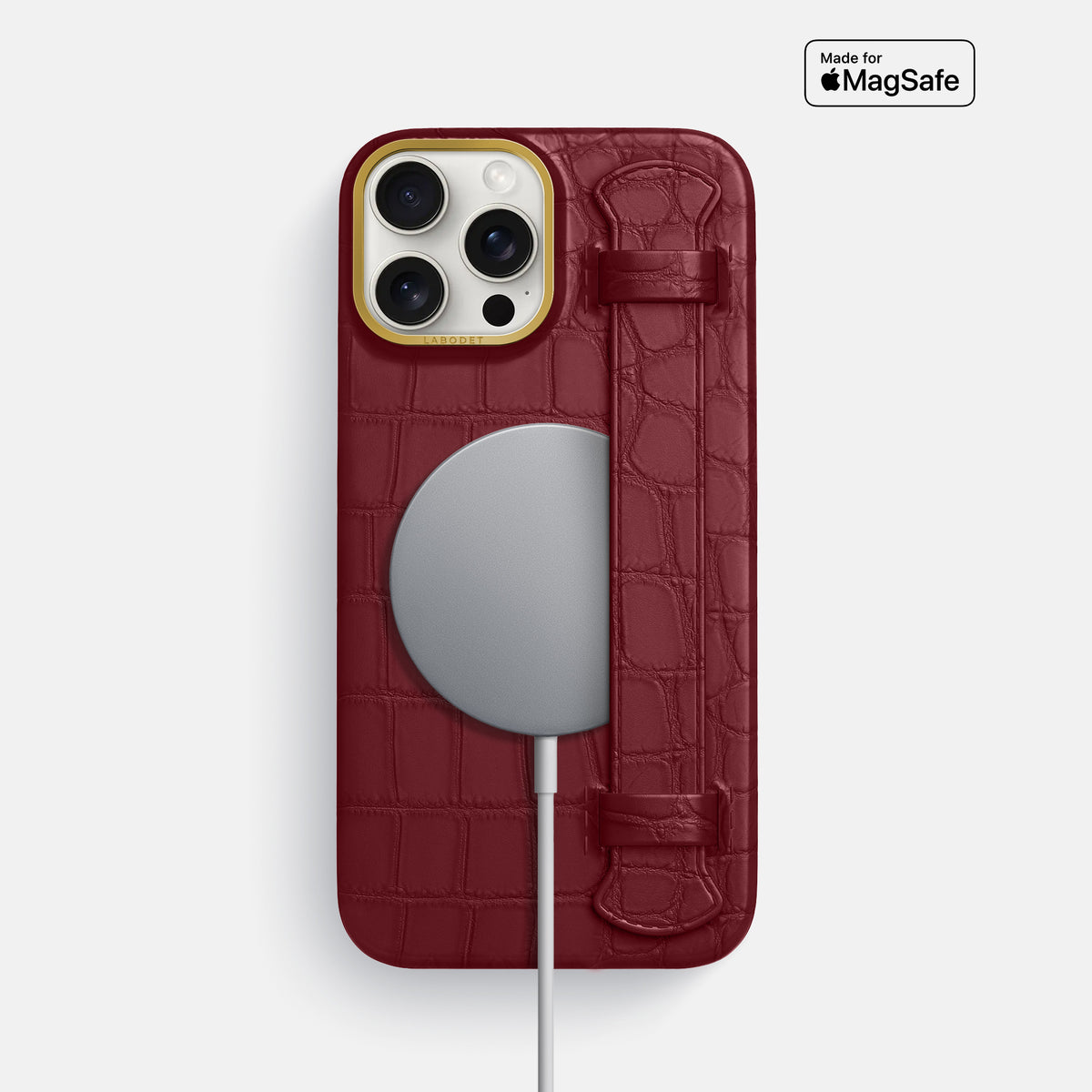 Burgundy iPhone 16 Pro Max Handle Case In Alligator with Gold Metal -4 | Burgundy-Gold