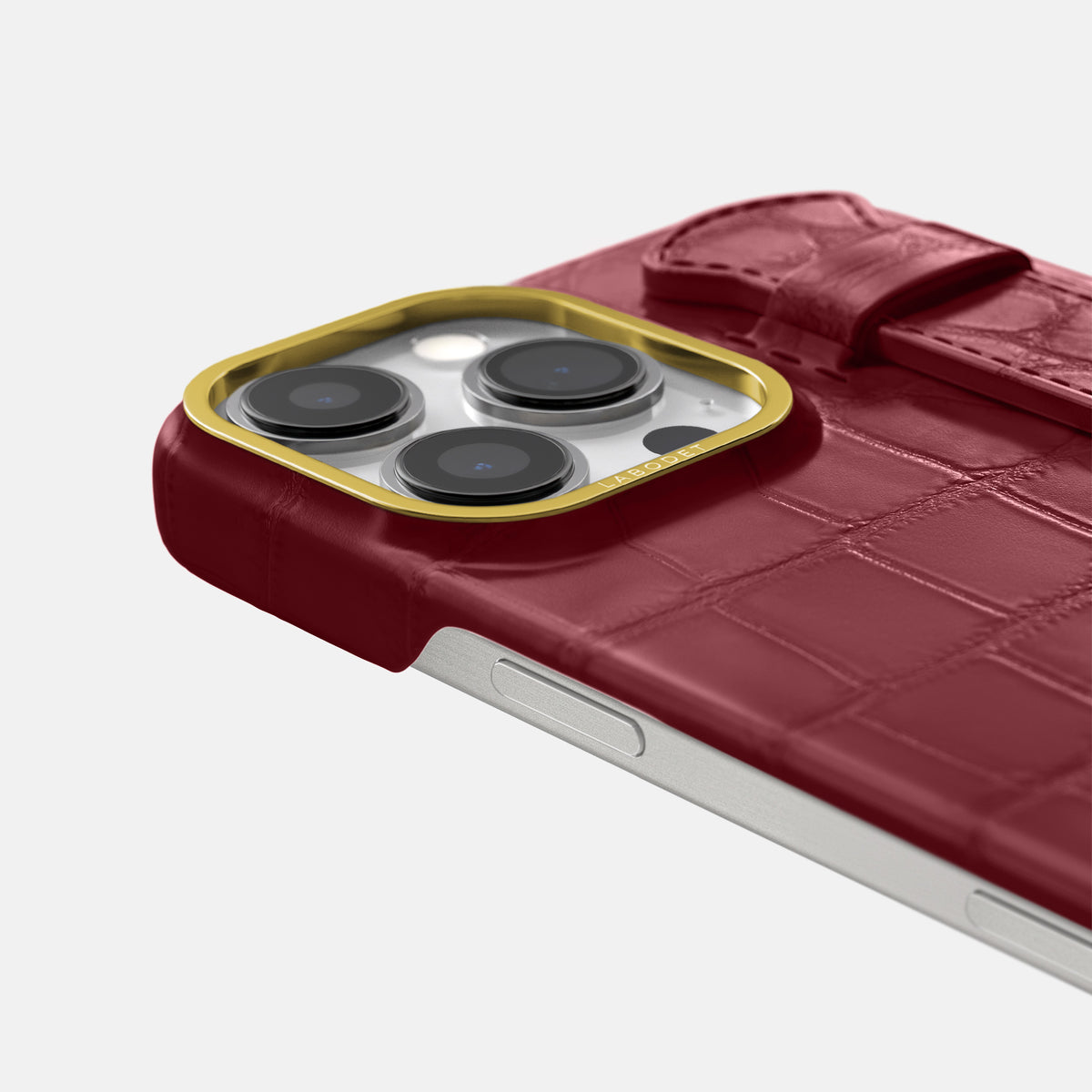 Burgundy iPhone 16 Pro Max Handle Case In Alligator with Gold Metal -5 | Burgundy-Gold
