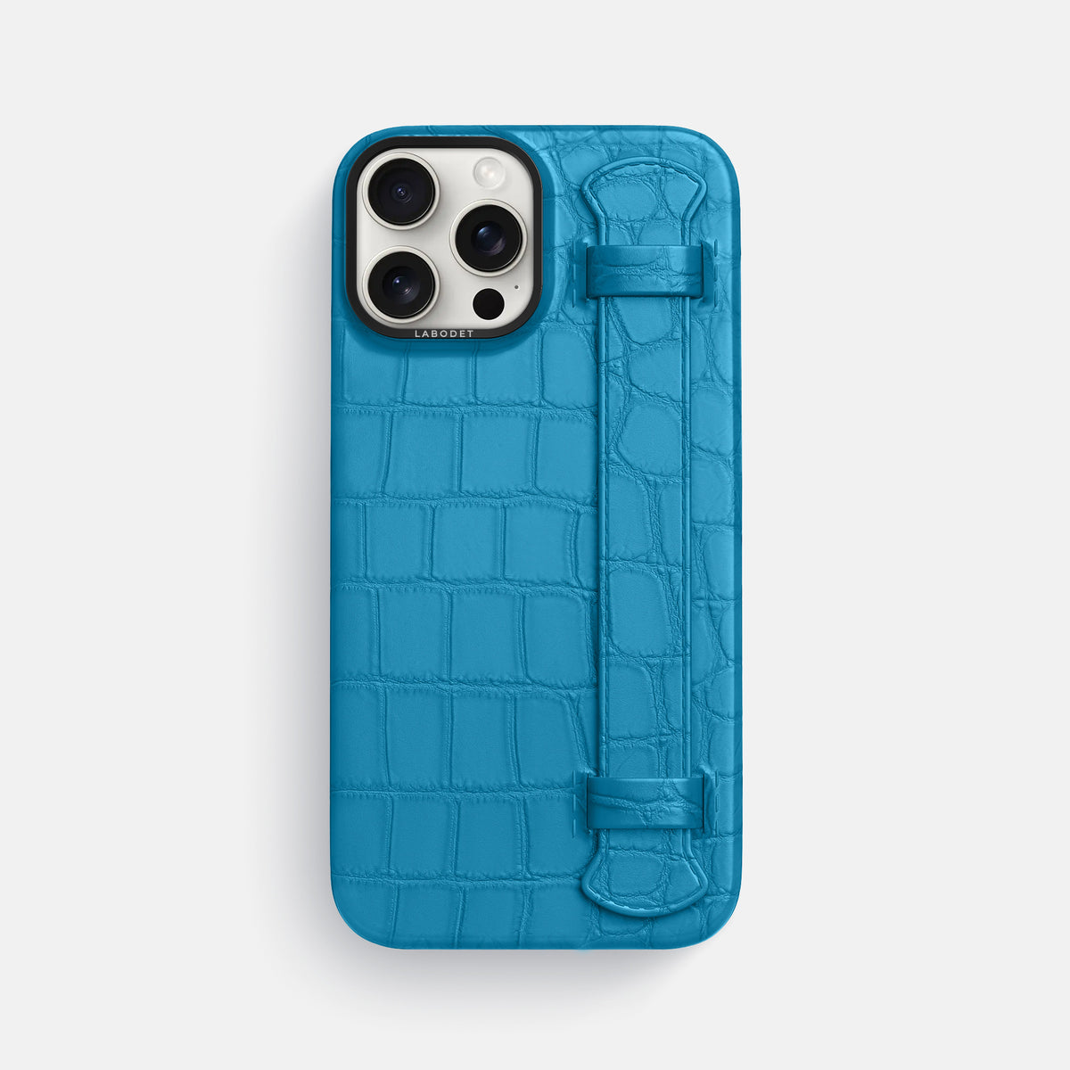 Curaçao-Blue iPhone 16 Pro Max Handle Case Alligator with Black Metal -1 | Curaçao-Blue-Black
