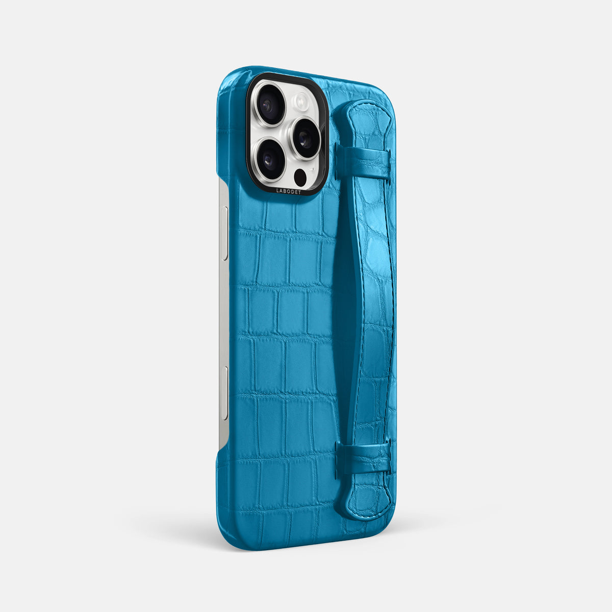 Curaçao-Blue iPhone 16 Pro Max Handle Case Alligator with Black Metal -2 | Curaçao-Blue-Black