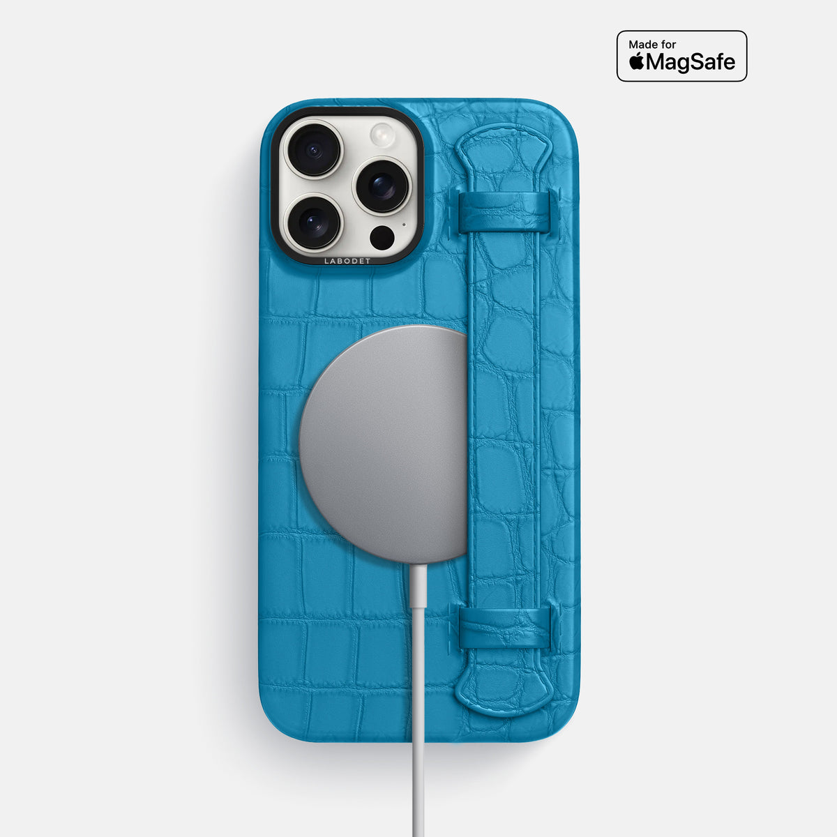 Curaçao-Blue iPhone 16 Pro Max Handle Case Alligator with Black Metal -4 | Curaçao-Blue-Black