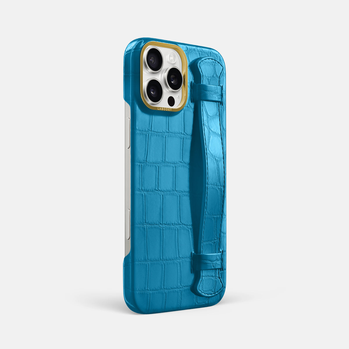 Curaçao-Blue iPhone 16 Pro Max Handle Case In Alligator with Gold Metal -2 | Curaçao-Blue-Gold