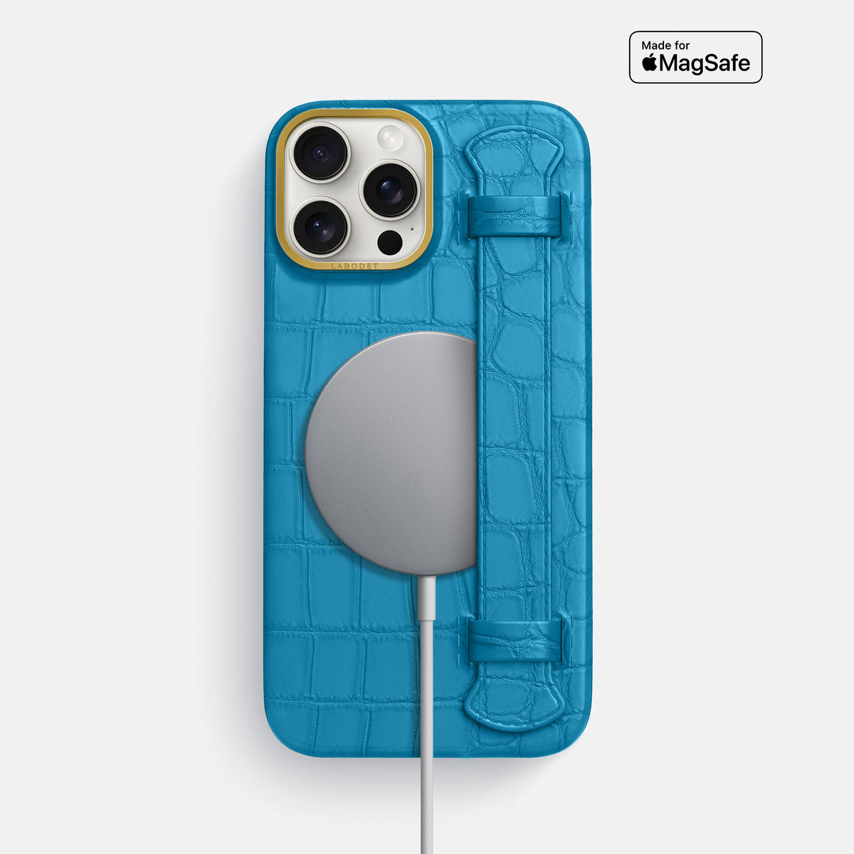 Curaçao-Blue iPhone 16 Pro Max Handle Case In Alligator with Gold Metal -4 | Curaçao-Blue-Gold