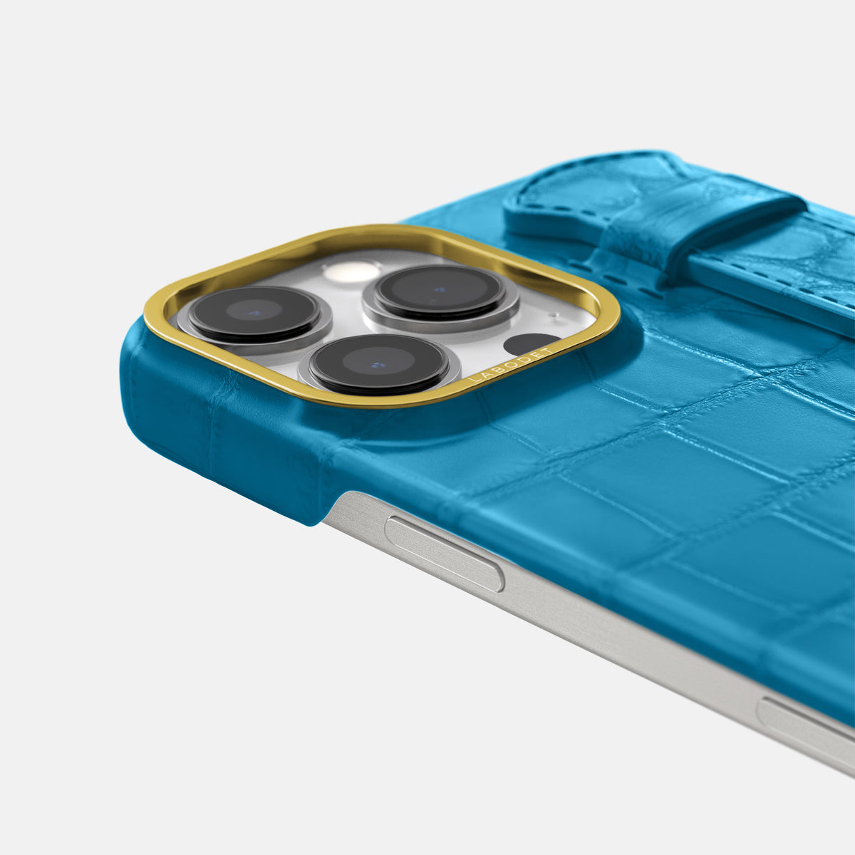 Curaçao-Blue iPhone 16 Pro Max Handle Case In Alligator with Gold Metal -5 | Curaçao-Blue-Gold