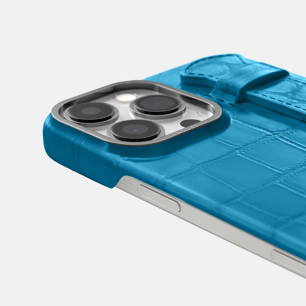 Curaçao-Blue iPhone 16 Pro Max Handle Case Alligator with Steel Metal -5 | Curaçao-Blue-Steel