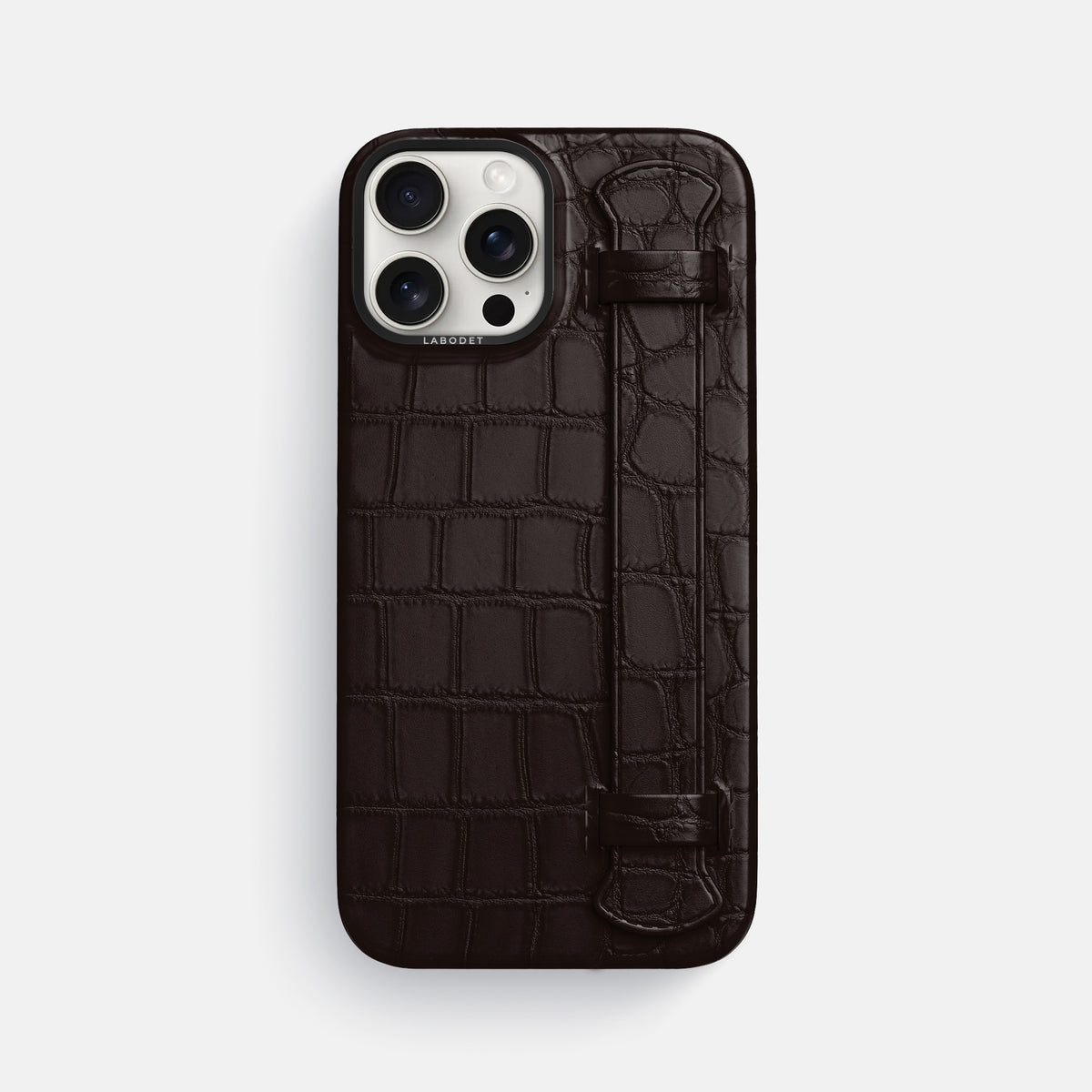 Dark-Brown iPhone 16 Pro Max Handle Case Alligator with Black Metal -1 | Dark-Brown-Black