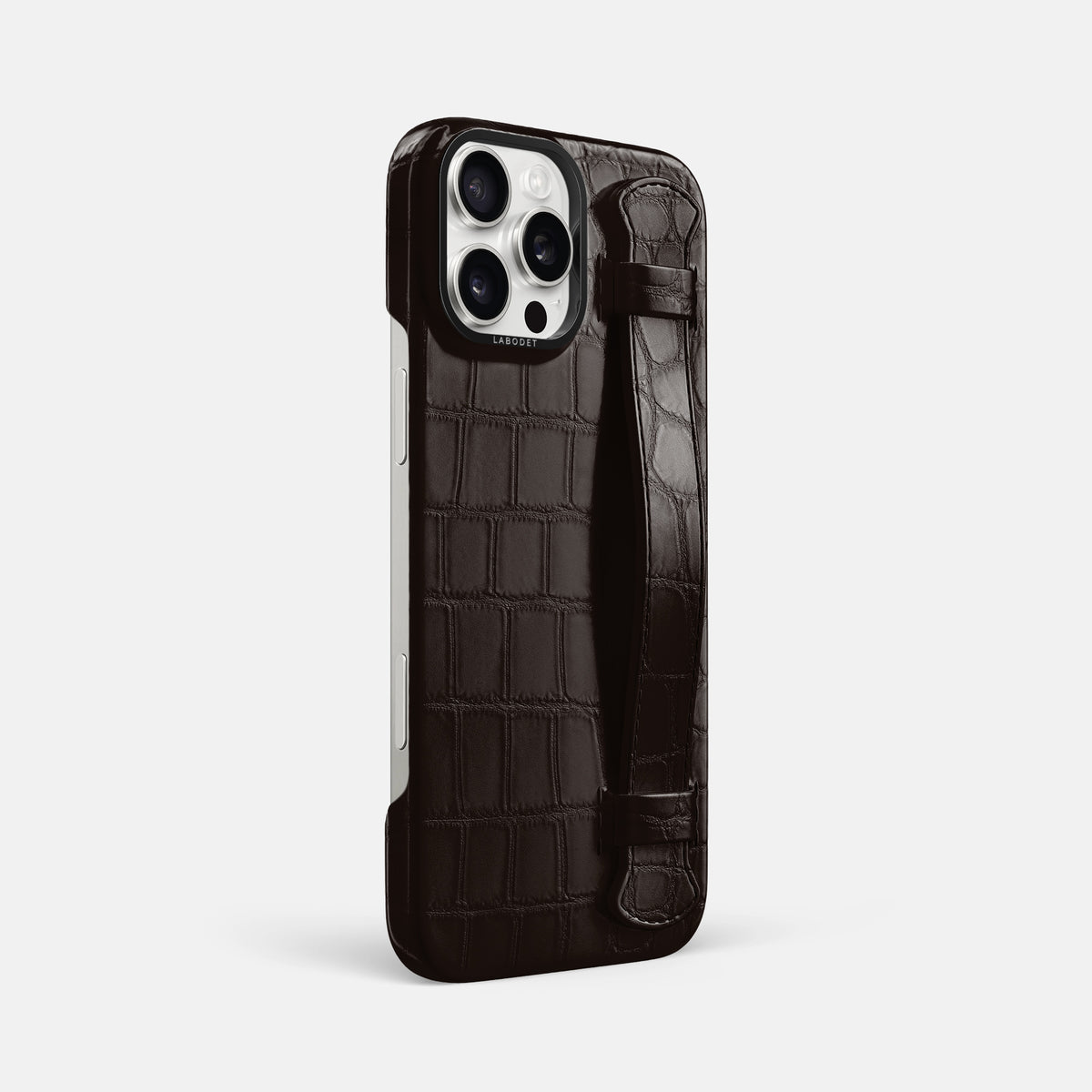 Dark-Brown iPhone 16 Pro Max Handle Case Alligator with Black Metal -2 | Dark-Brown-Black