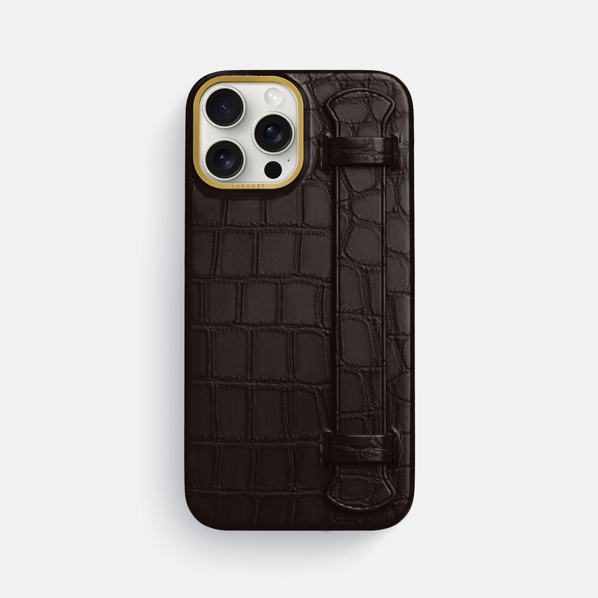 Dark-Brown iPhone 16 Pro Max Handle Case In Alligator with Gold Metal -1 | Dark-Brown-Gold