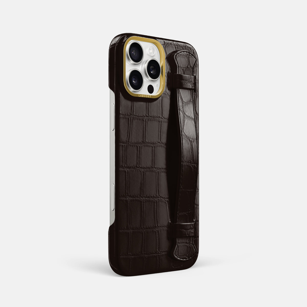 Dark-Brown iPhone 16 Pro Max Handle Case In Alligator with Gold Metal -2 | Dark-Brown-Gold