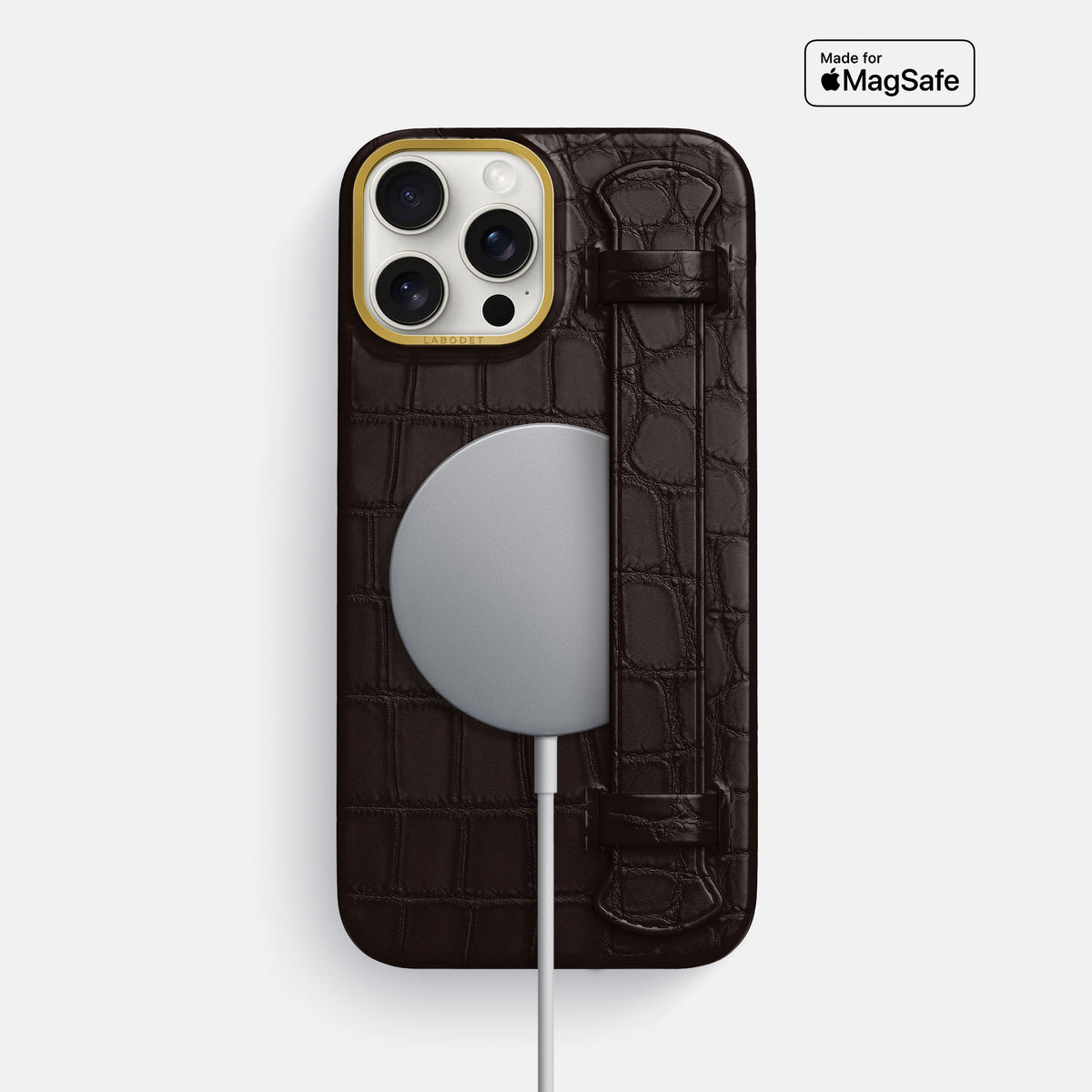 Dark-Brown iPhone 16 Pro Max Handle Case In Alligator with Gold Metal -4 | Dark-Brown-Gold