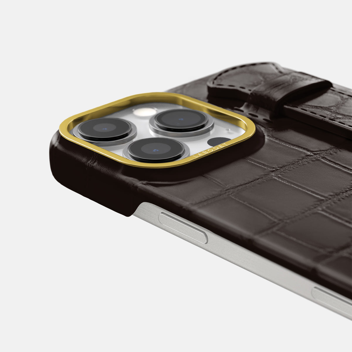 Dark-Brown iPhone 16 Pro Max Handle Case In Alligator with Gold Metal -5 | Dark-Brown-Gold