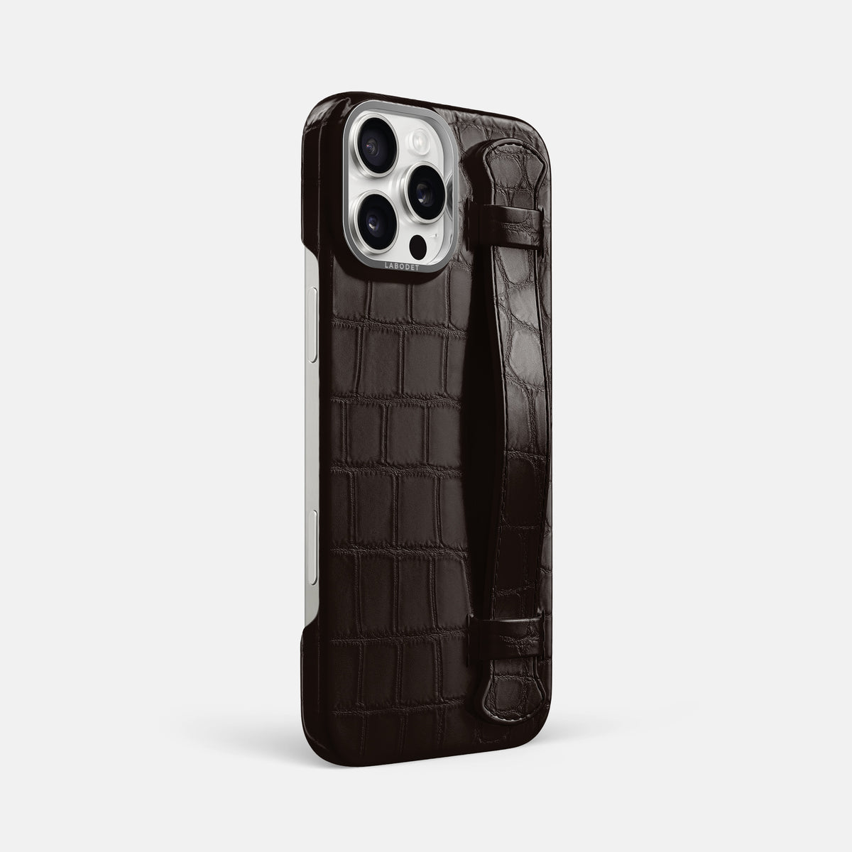 Dark-Brown iPhone 16 Pro Max Handle Case Alligator with Steel Metal -2 | Dark-Brown-Steel