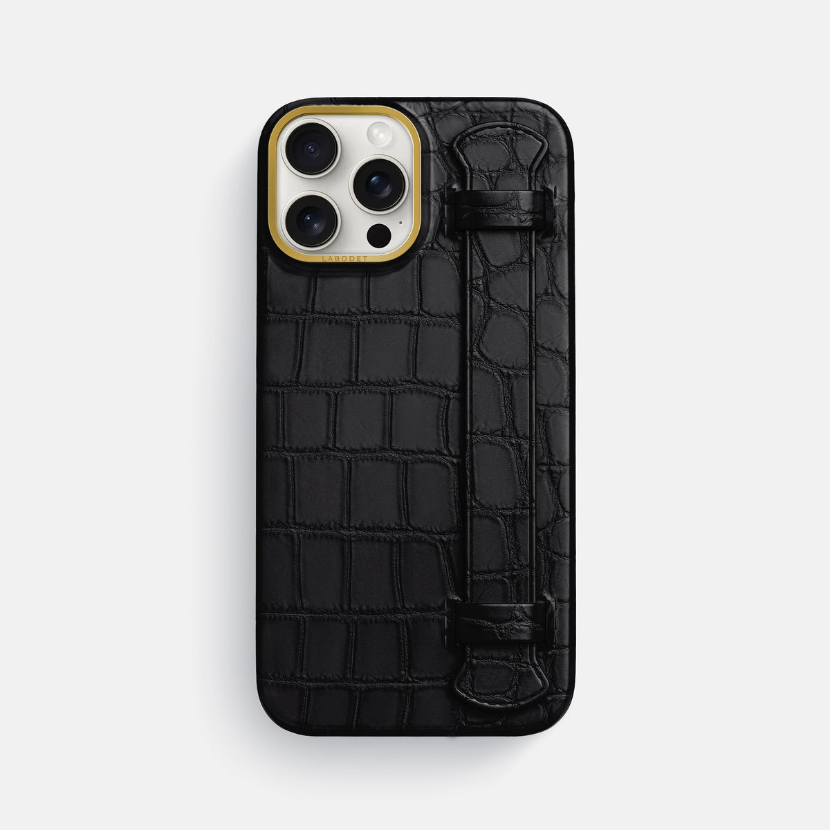 Black iPhone 16 Pro Max Handle Case In Alligator with Gold Metal -1 | Black-Gold