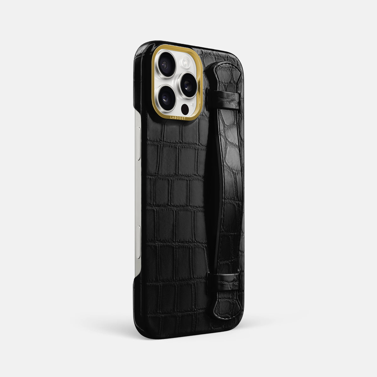 Black iPhone 16 Pro Max Handle Case In Alligator with Gold Metal -2 | Black-Gold