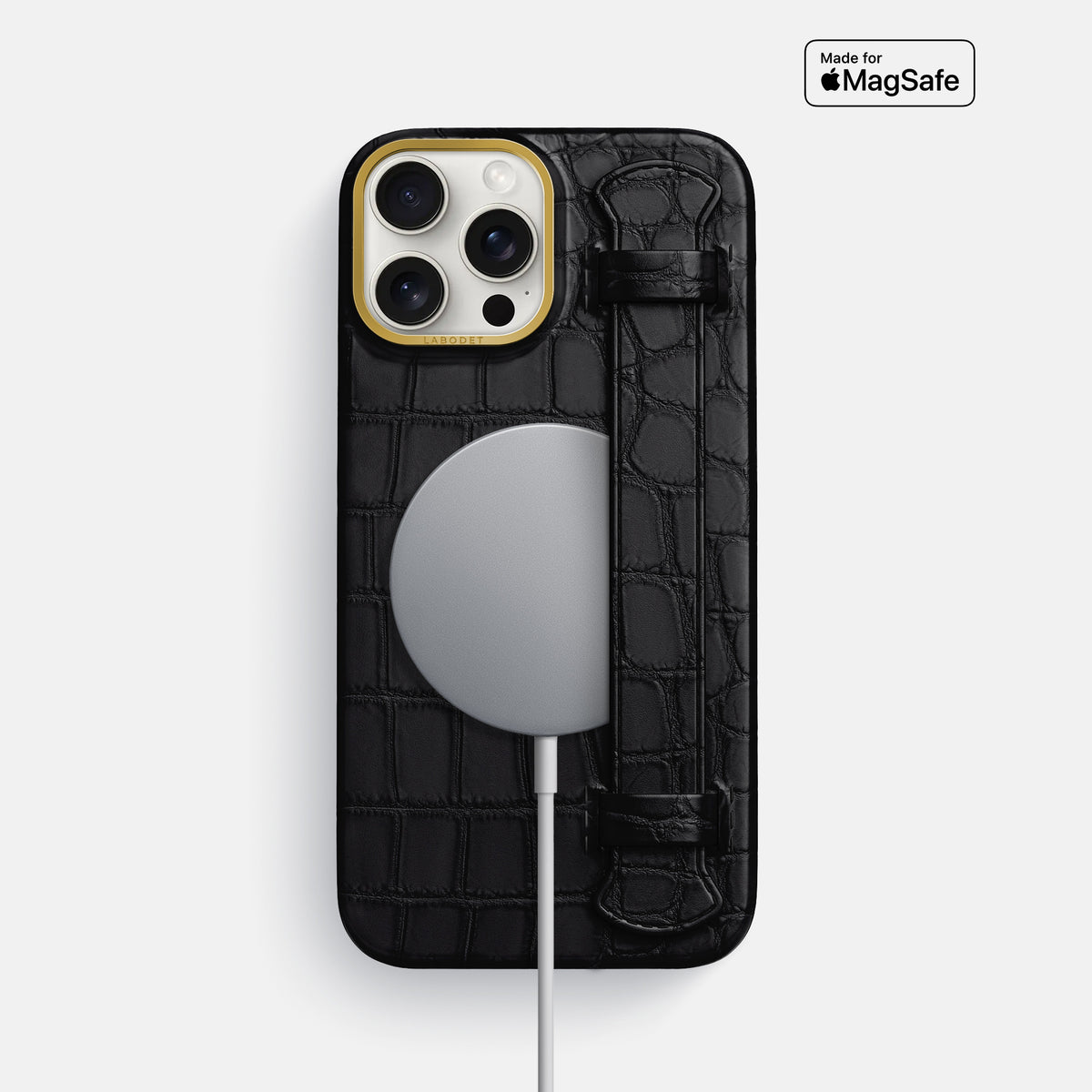 Black iPhone 16 Pro Max Handle Case In Alligator with Gold Metal -4 | Black-Gold