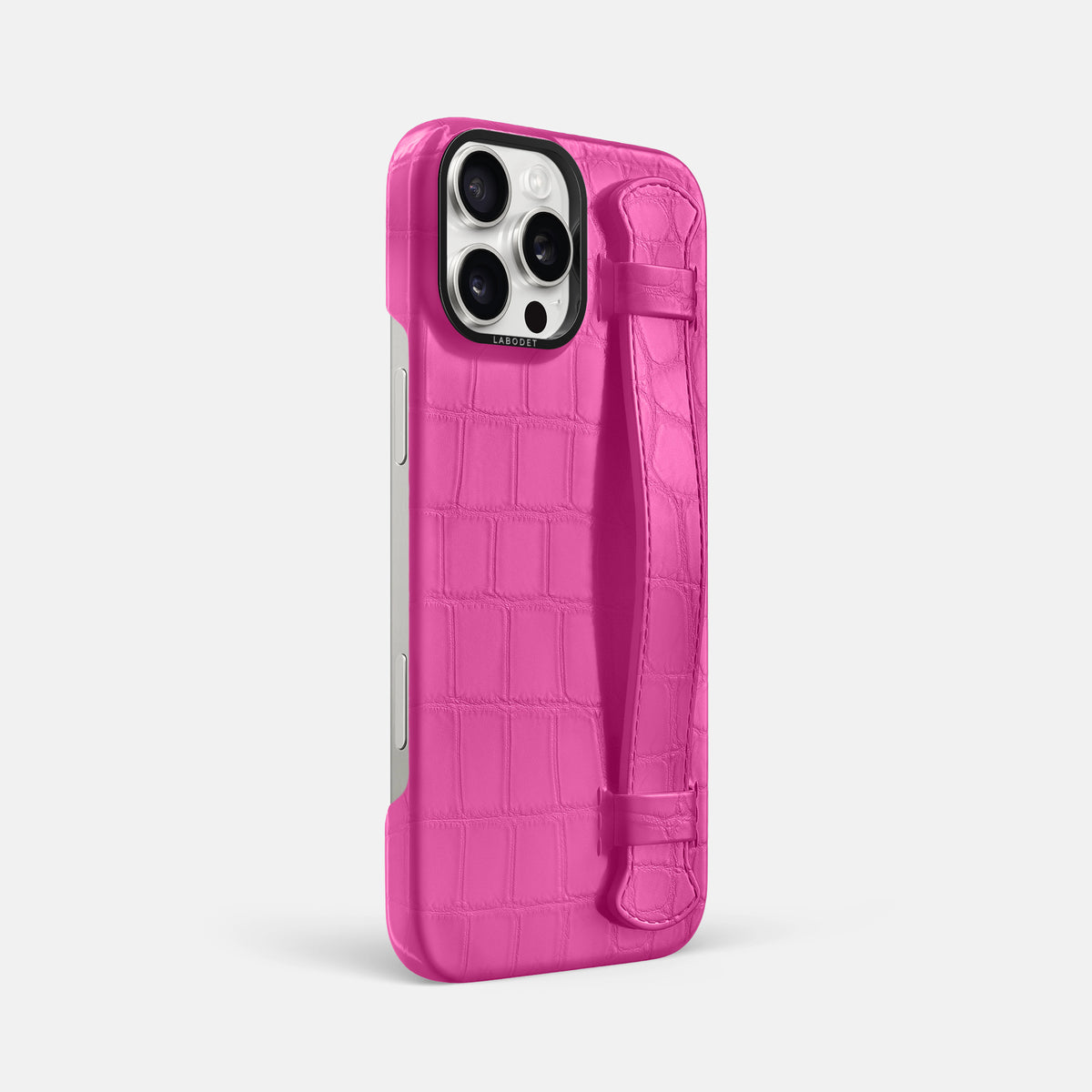 Fuchsia iPhone 16 Pro Max Handle Case Alligator with Black Metal -2 | Fuchsia-Black