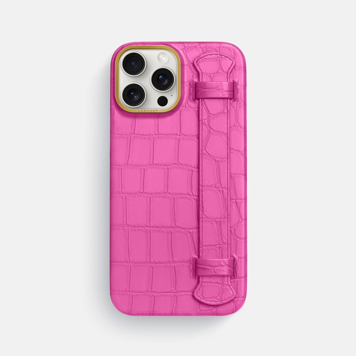 Fuchsia iPhone 16 Pro Max Handle Case In Alligator with Gold Metal -1 | Fuchsia-Gold
