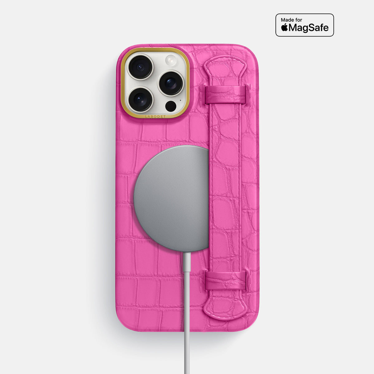 Fuchsia iPhone 16 Pro Max Handle Case In Alligator with Gold Metal -4 | Fuchsia-Gold