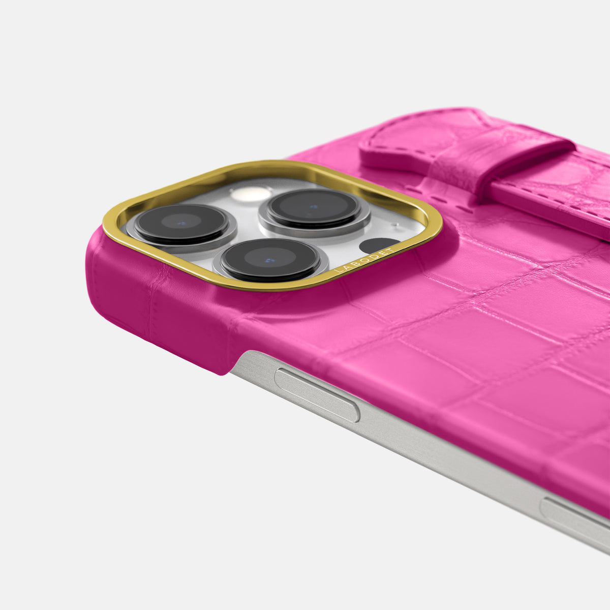 Fuchsia iPhone 16 Pro Max Handle Case In Alligator with Gold Metal -5 | Fuchsia-Gold