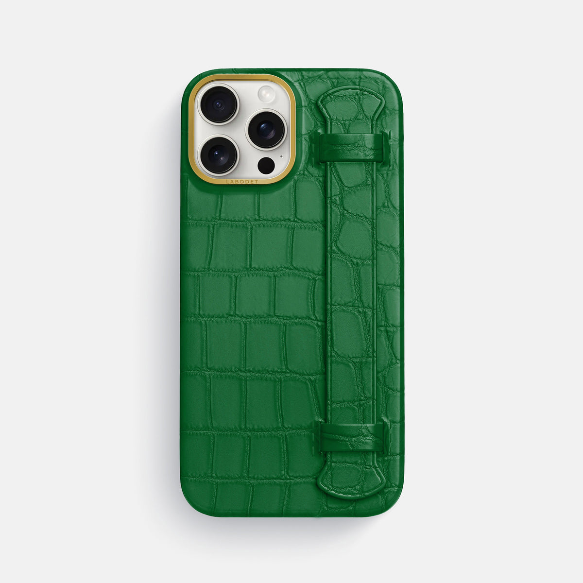 Forest-Green iPhone 16 Pro Max Handle Case In Alligator with Gold Metal -1 | Forest-Green-Gold