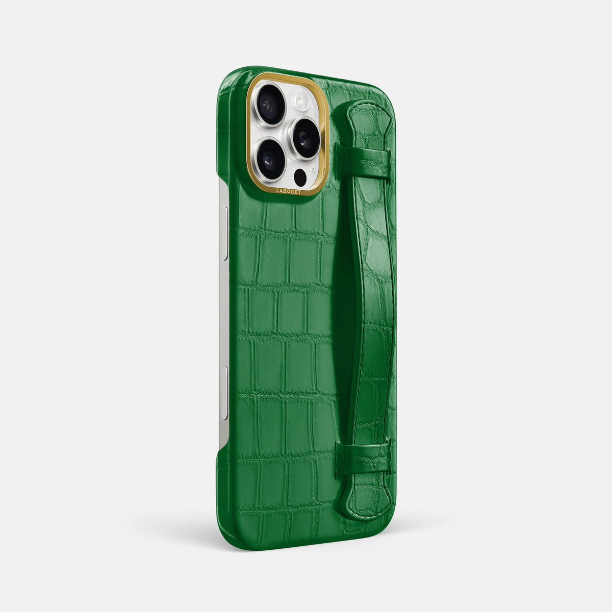 Forest-Green iPhone 16 Pro Max Handle Case In Alligator with Gold Metal -2 | Forest-Green-Gold