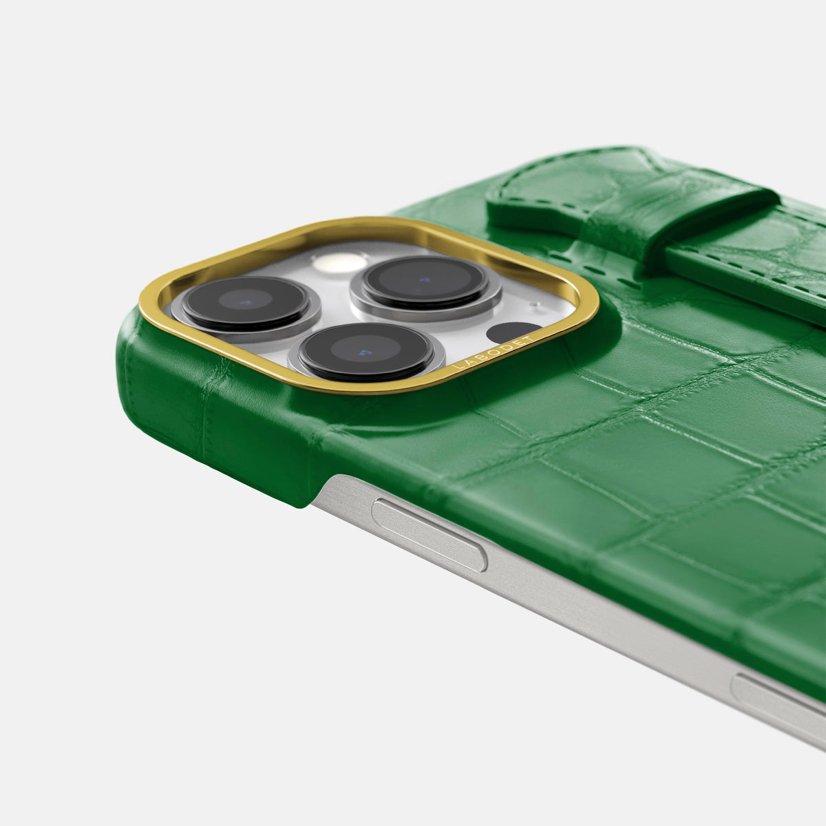 Forest-Green iPhone 16 Pro Max Handle Case In Alligator with Gold Metal -5 | Forest-Green-Gold