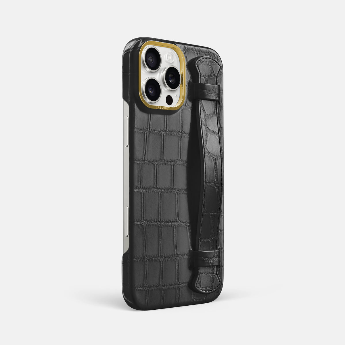 Grey iPhone 16 Pro Max Handle Case In Alligator with Gold Metal -2 | Grey-Gold