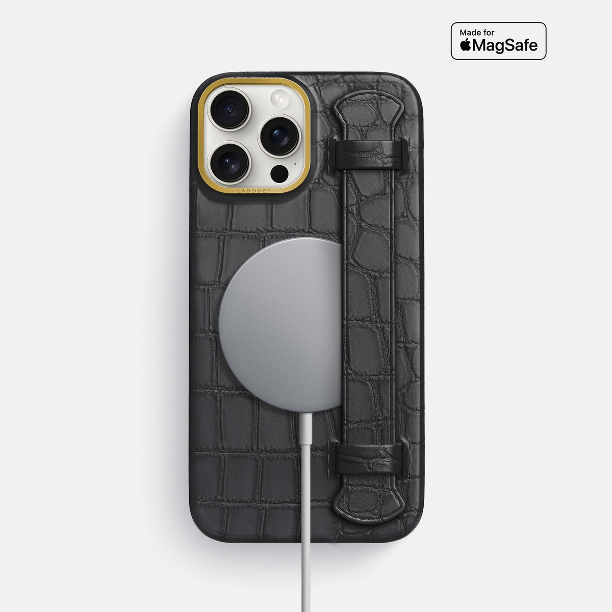 Grey iPhone 16 Pro Max Handle Case In Alligator with Gold Metal -4 | Grey-Gold