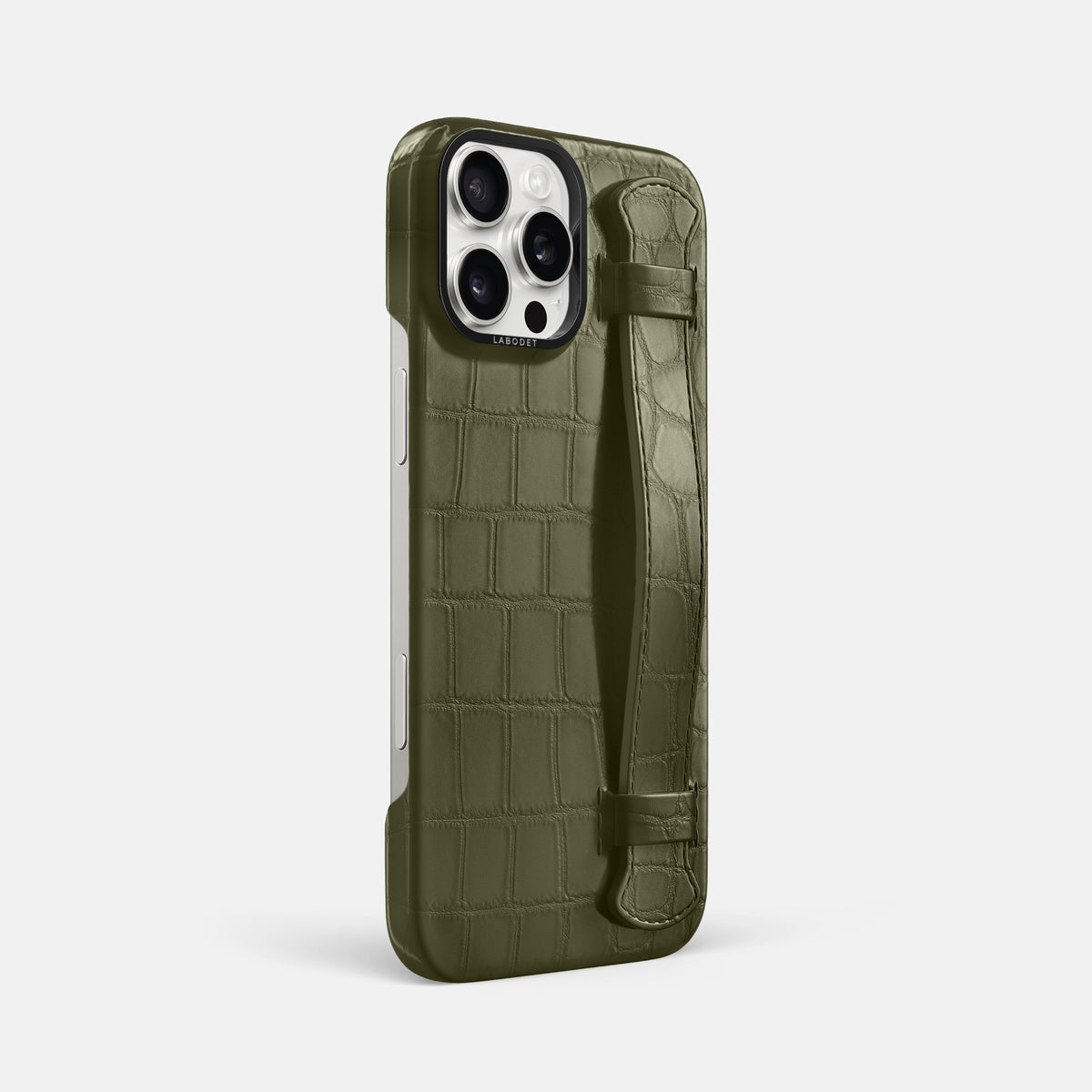 Kaki-Green iPhone 16 Pro Max Handle Case Alligator with Black Metal -2 | Kaki-Green-Black