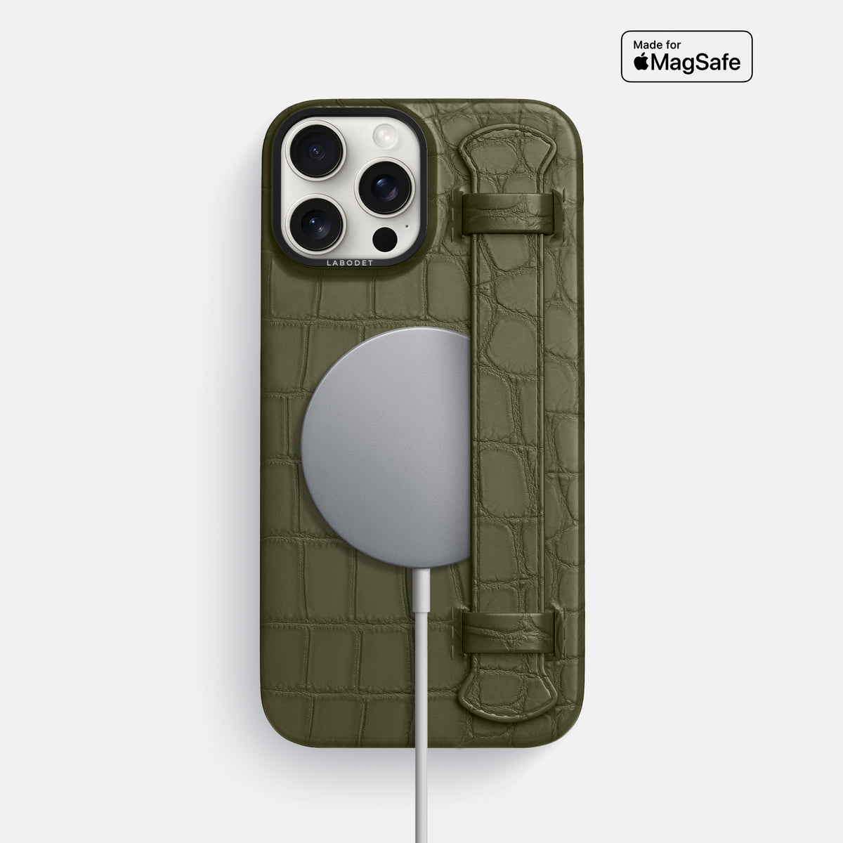 Kaki-Green iPhone 16 Pro Max Handle Case Alligator with Black Metal -4 | Kaki-Green-Black