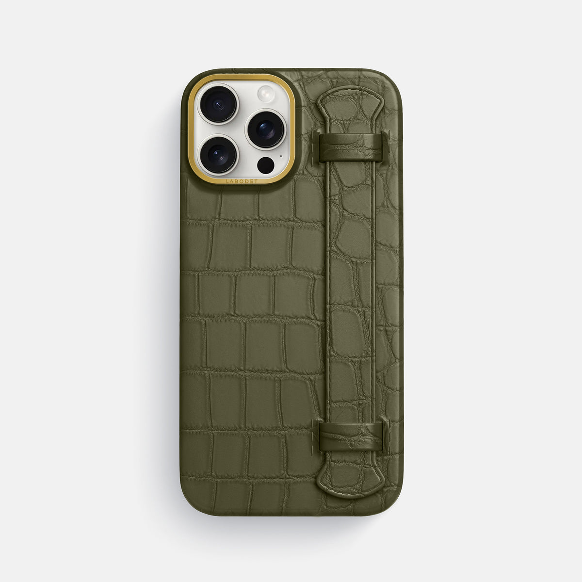 Kaki-Green iPhone 16 Pro Max Handle Case In Alligator with Gold Metal -1 | Kaki-Green-Gold