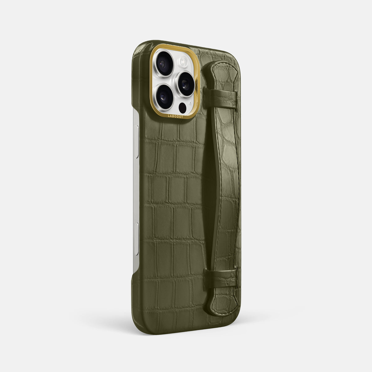 Kaki-Green iPhone 16 Pro Max Handle Case In Alligator with Gold Metal -2 | Kaki-Green-Gold