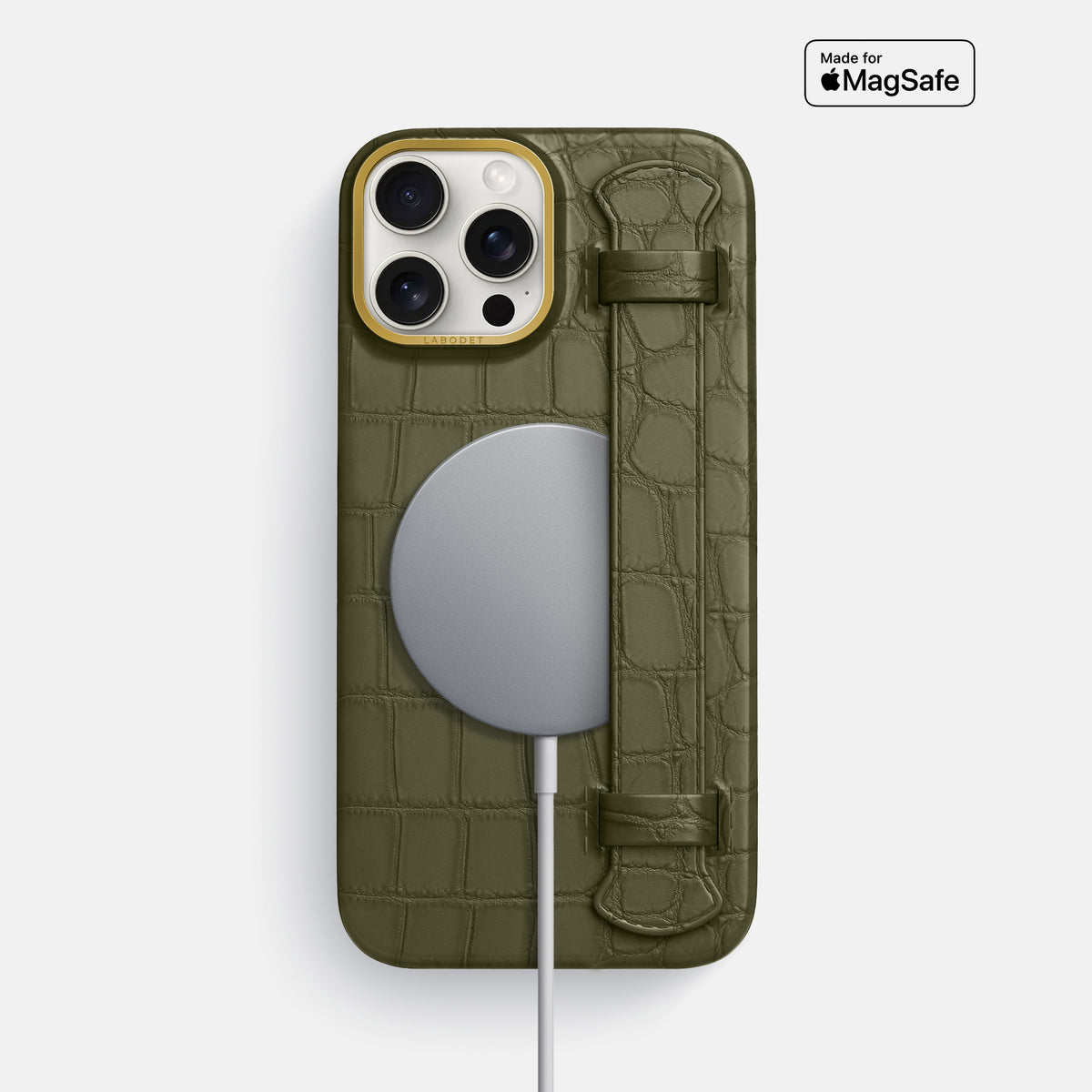 Kaki-Green iPhone 16 Pro Max Handle Case In Alligator with Gold Metal -4 | Kaki-Green-Gold