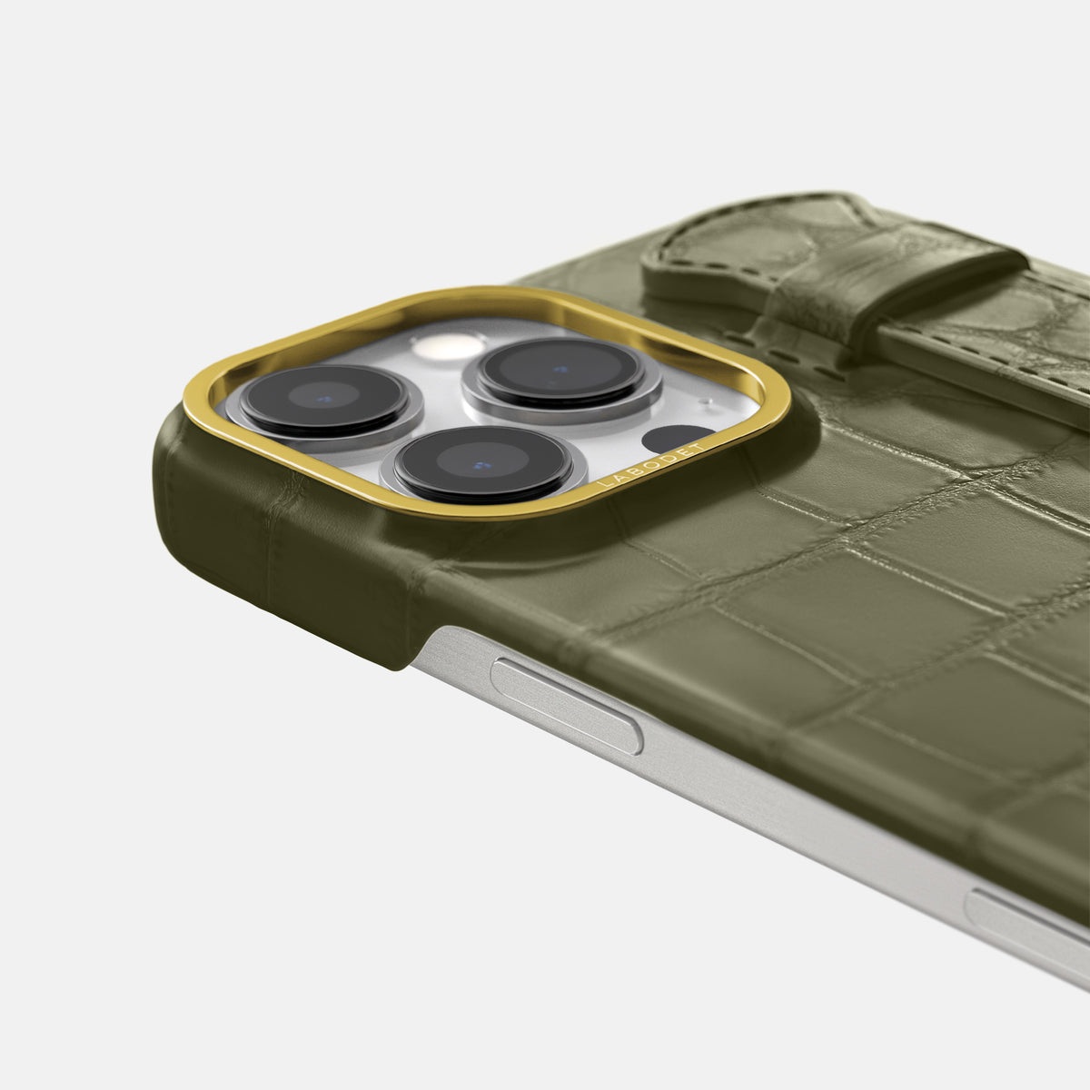 Kaki-Green iPhone 16 Pro Max Handle Case In Alligator with Gold Metal -5 | Kaki-Green-Gold