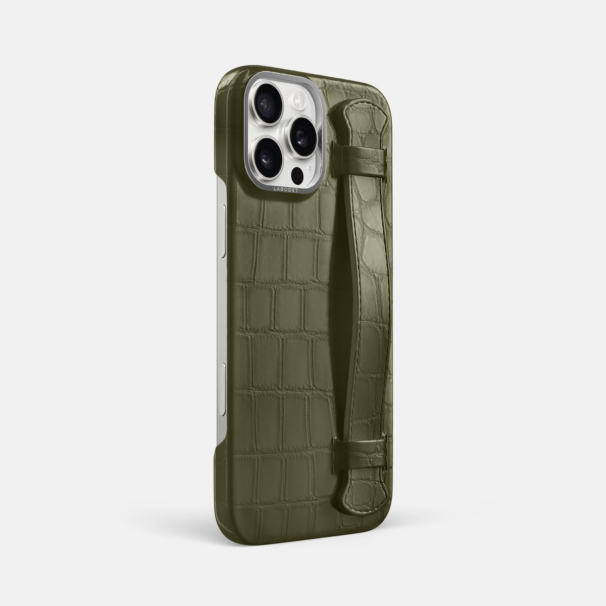 Kaki-Green iPhone 16 Pro Max Handle Case Alligator with Steel Metal -2 | Kaki-Green-Steel