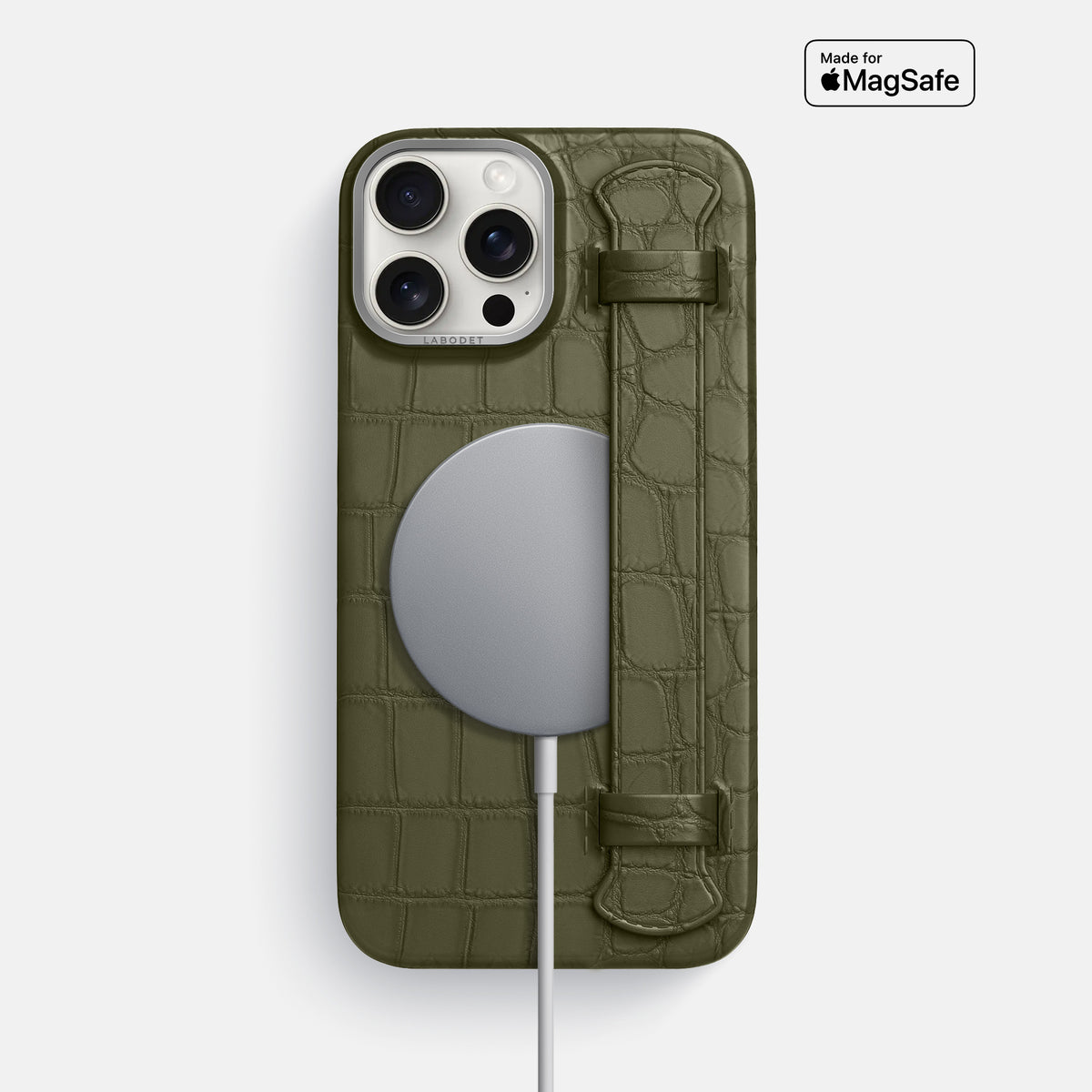 Kaki-Green iPhone 16 Pro Max Handle Case Alligator with Steel Metal -4 | Kaki-Green-Steel