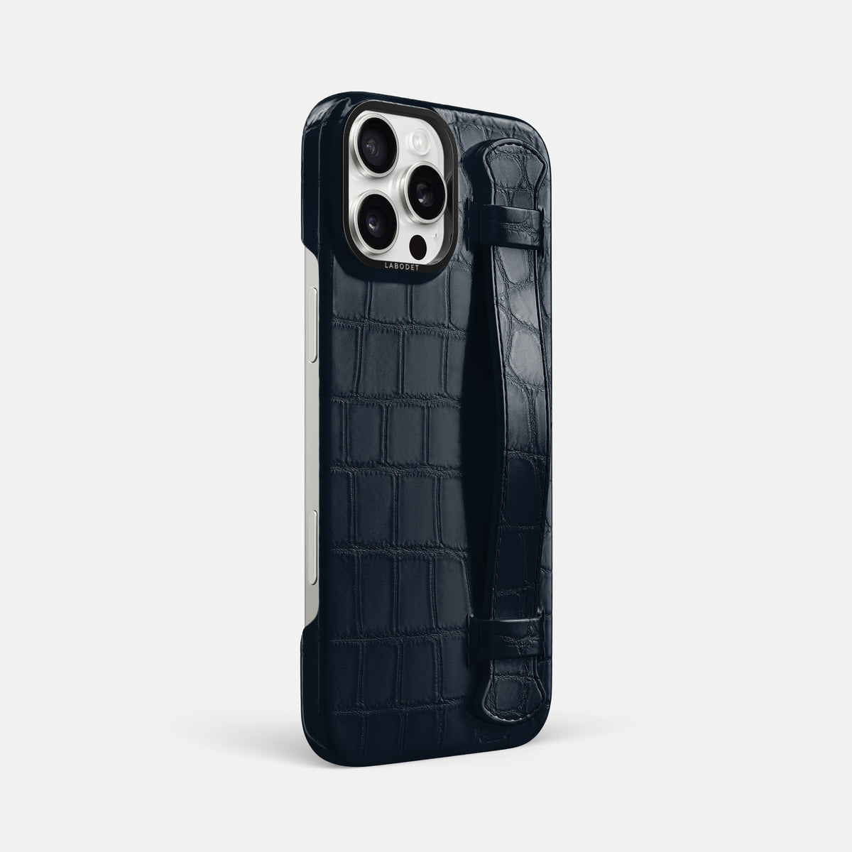 Navy Blue iPhone 16 Pro Max Handle Case Alligator with Black Metal -2 | Navy-Blue-Black