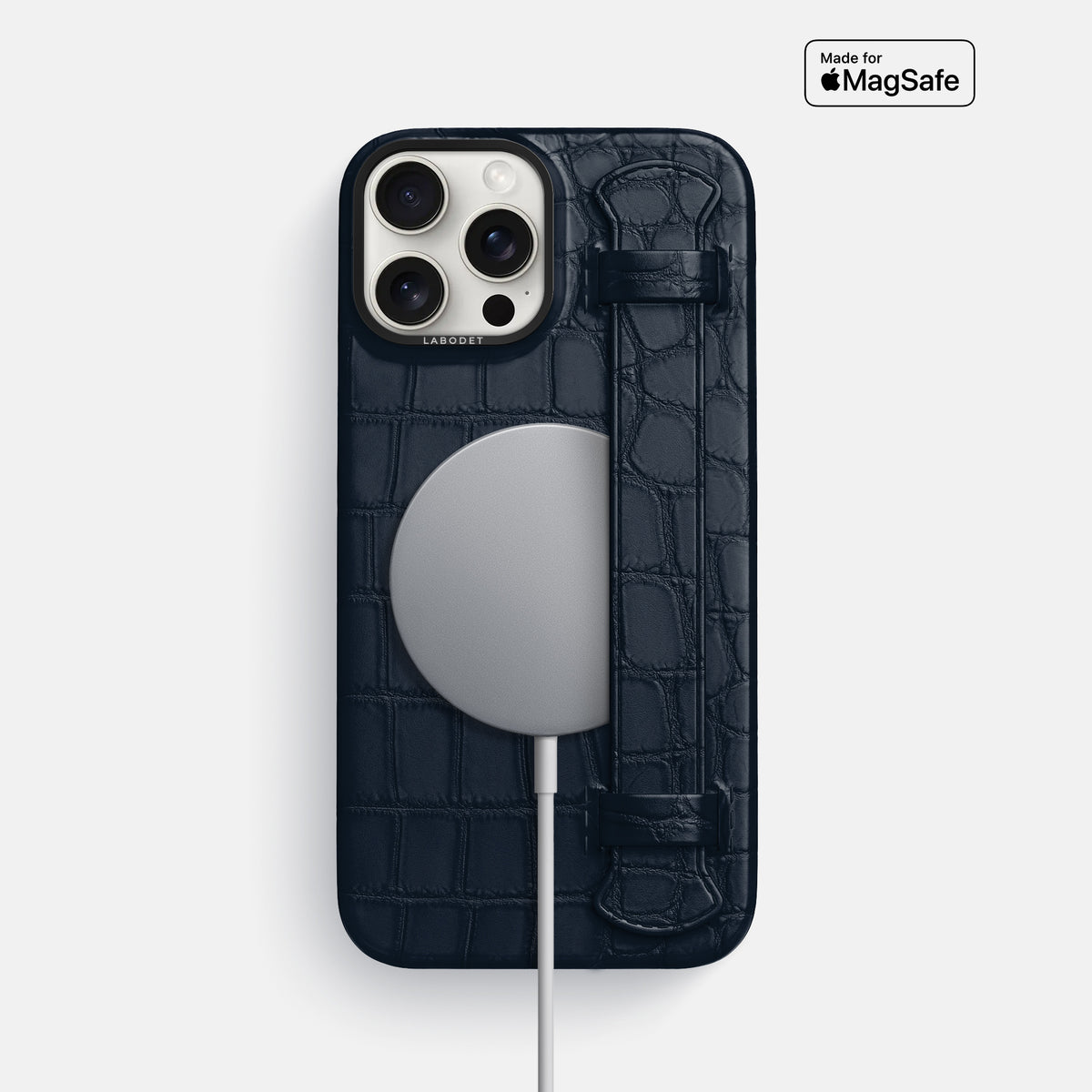 Navy Blue iPhone 16 Pro Max Handle Case Alligator with Black Metal -4 | Navy-Blue-Black