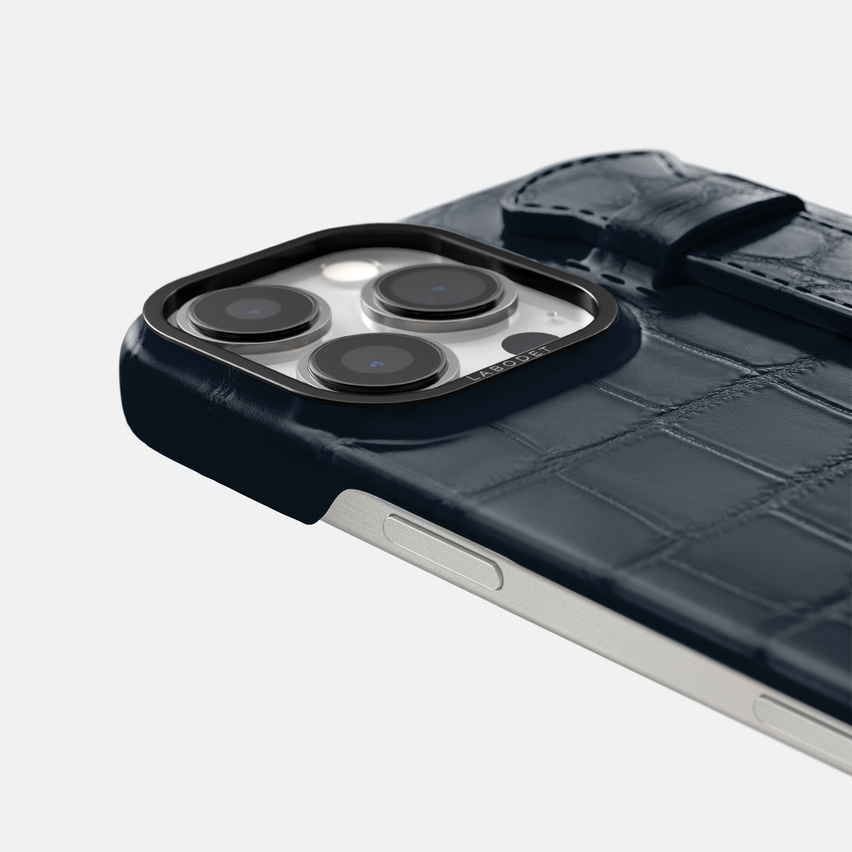 Navy Blue iPhone 16 Pro Max Handle Case Alligator with Black Metal -5 | Navy-Blue-Black