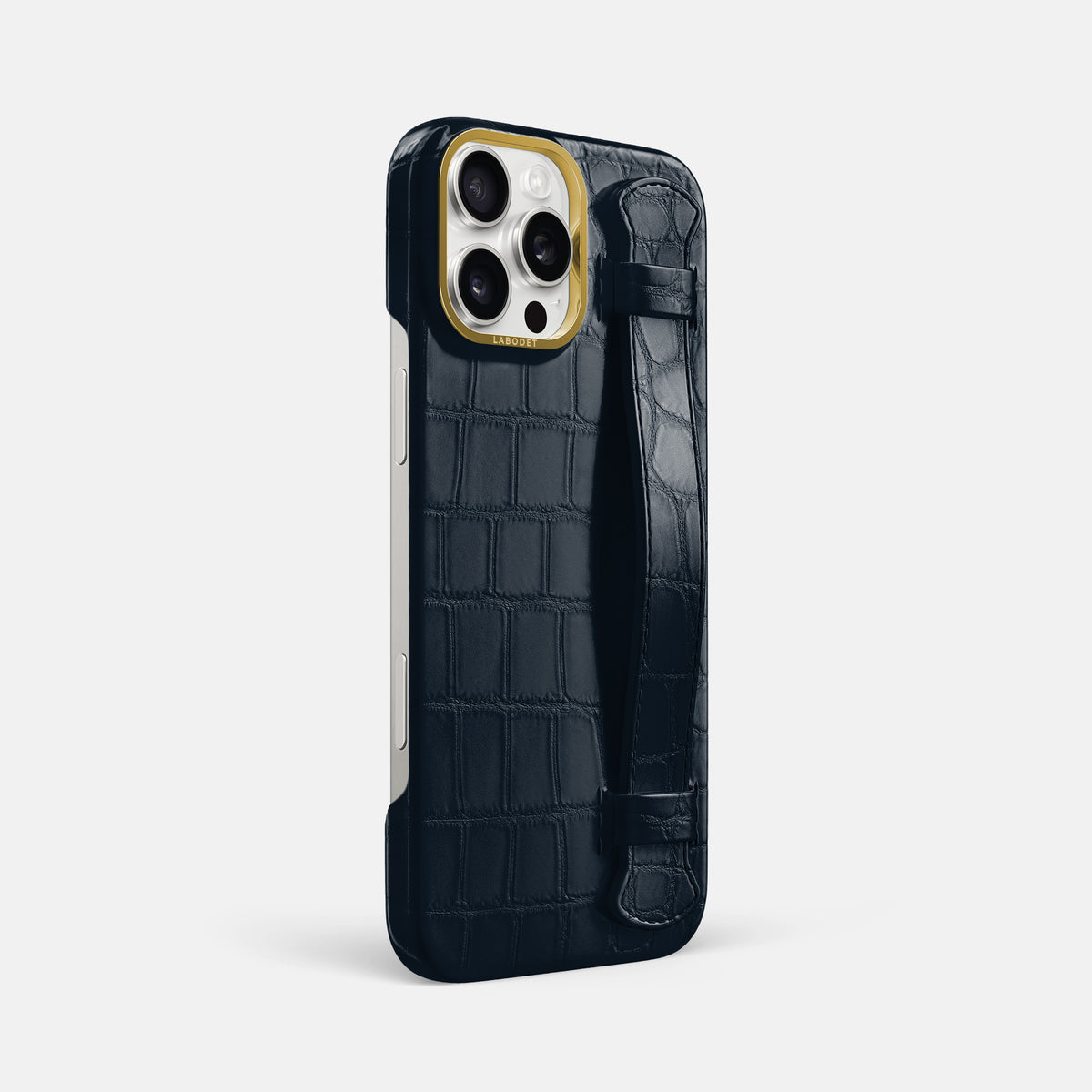 Navy Blue iPhone 16 Pro Max Handle Case In Alligator with Gold Metal -2 | Navy-Blue-Gold