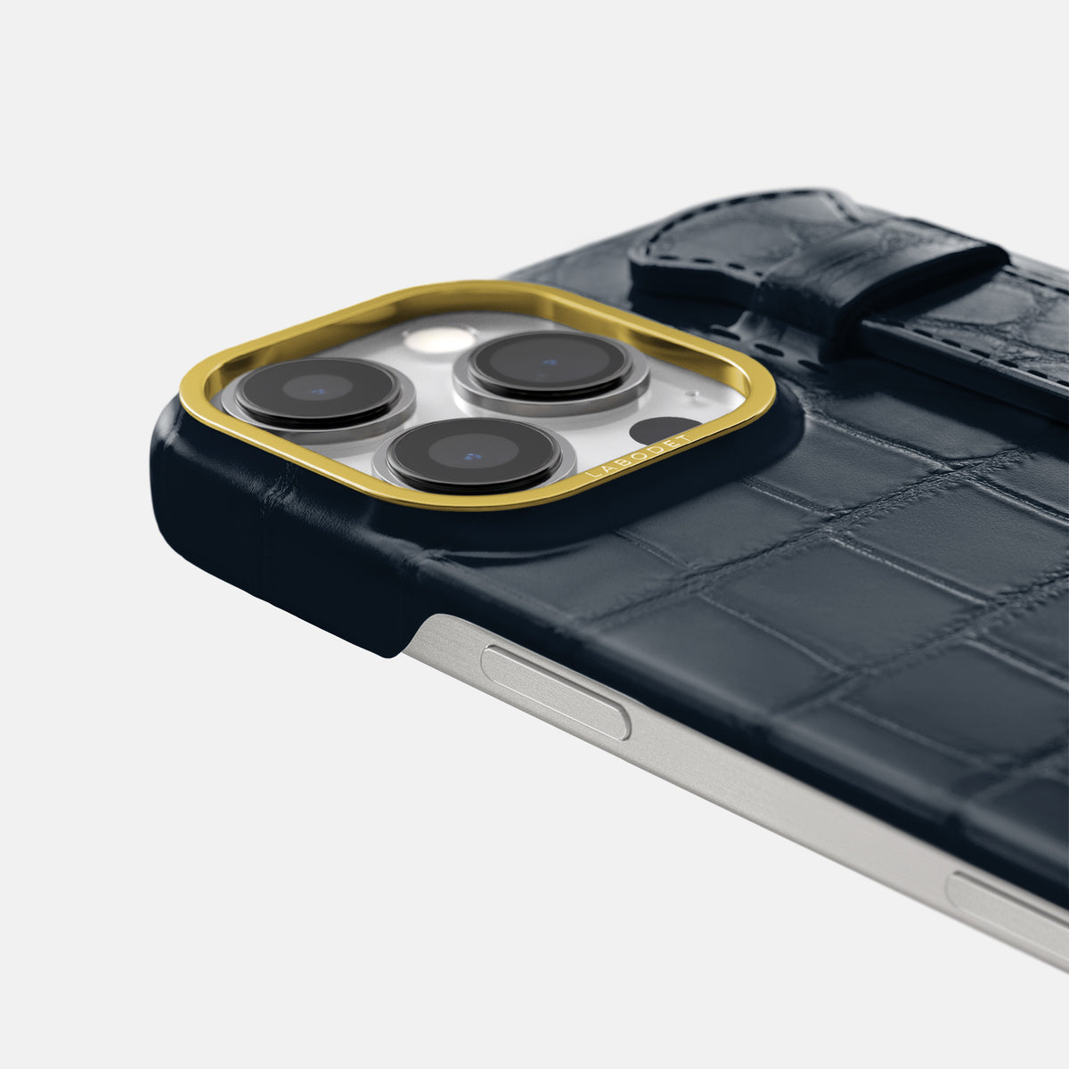 Navy Blue iPhone 16 Pro Max Handle Case In Alligator with Gold Metal -5 | Navy-Blue-Gold