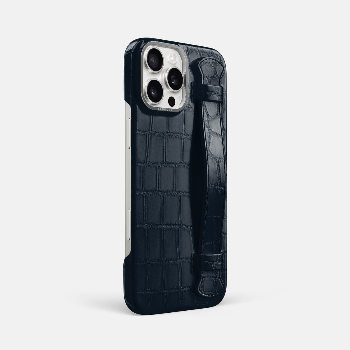 Navy Blue iPhone 16 Pro Max Handle Case Alligator with Steel Metal -2 | Navy-Blue-Steel