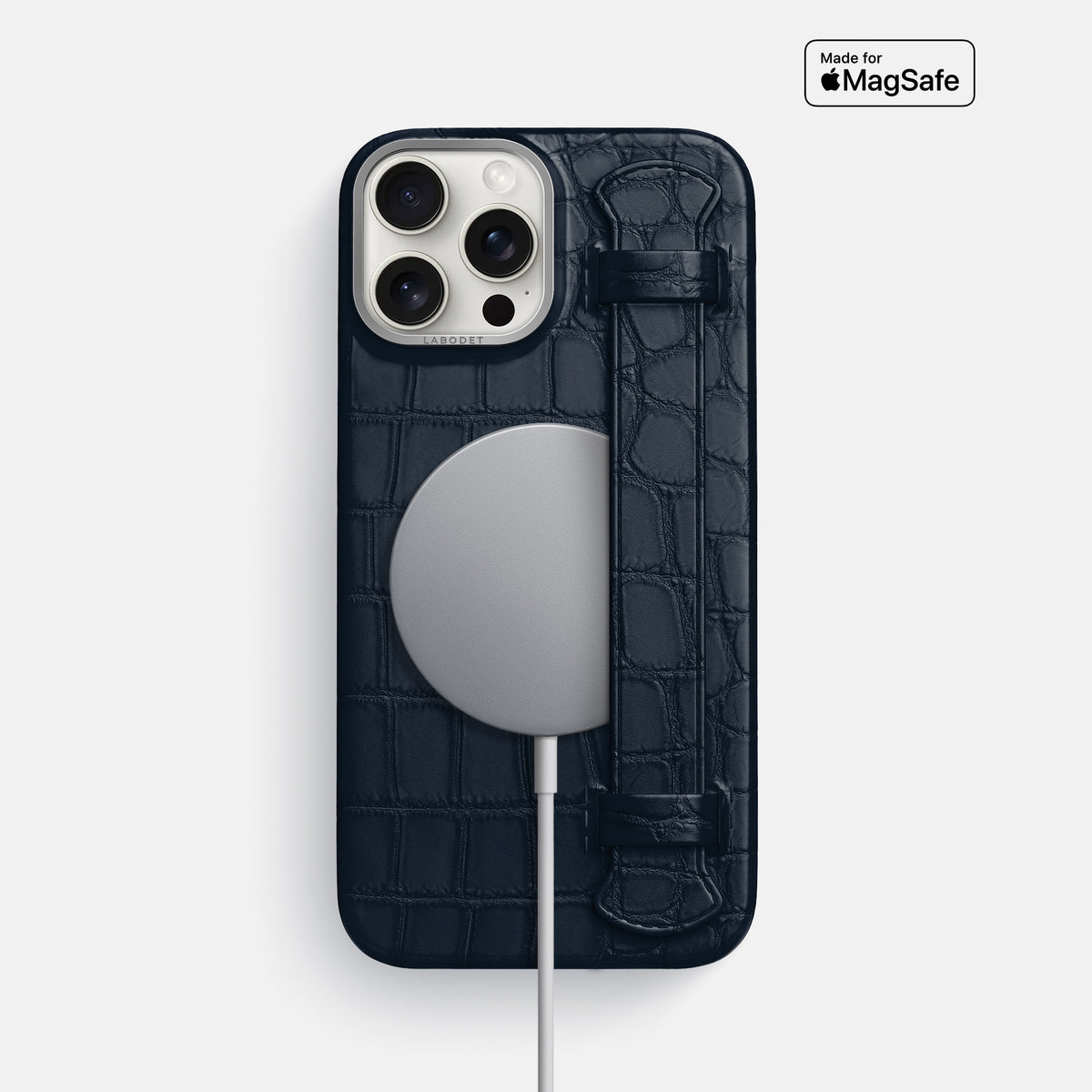 Navy Blue iPhone 16 Pro Max Handle Case Alligator with Steel Metal -4 | Navy-Blue-Steel